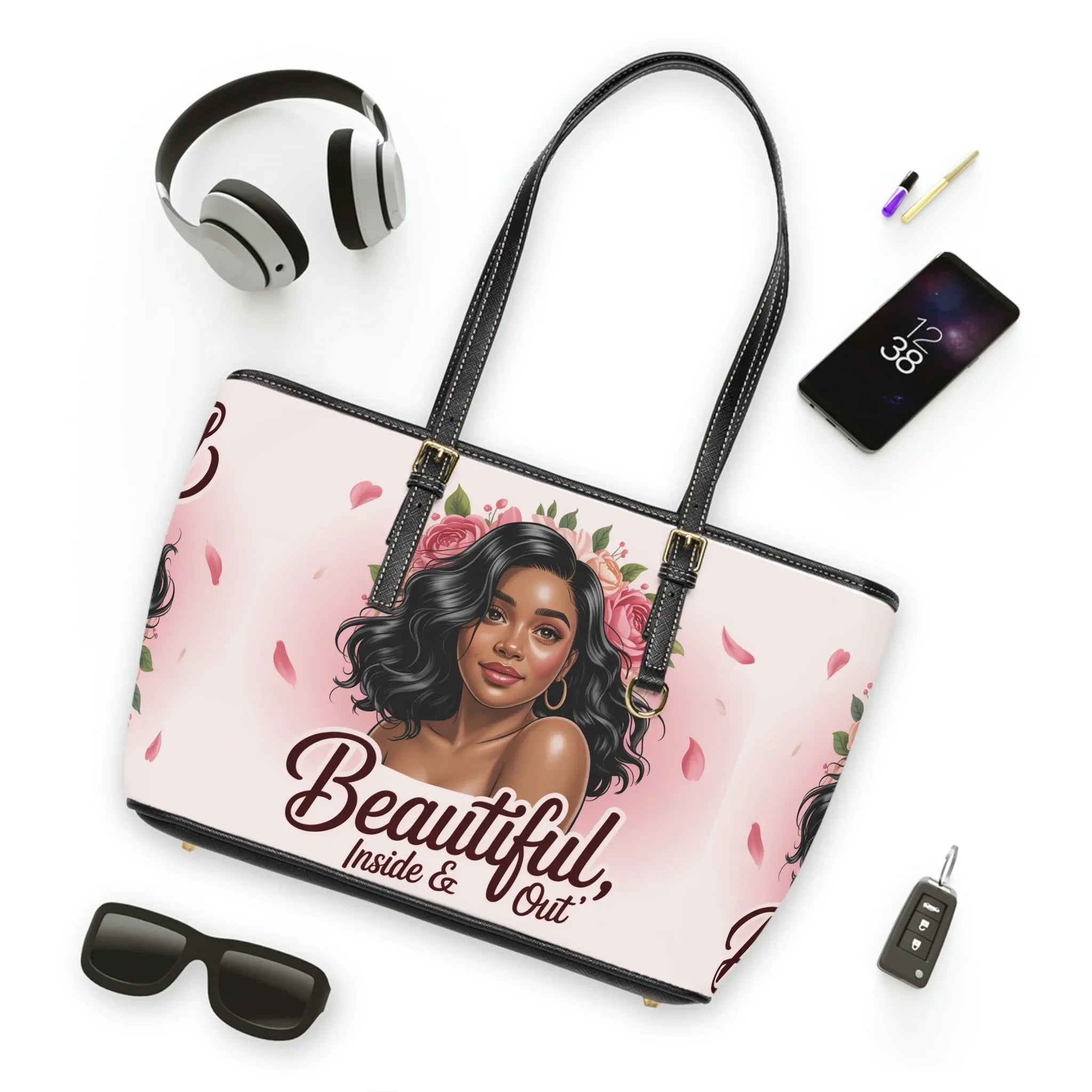Tote Bag — "Beautiful Inside & Out" Floral Portrait PU Shoulder Tote - DiwaKi