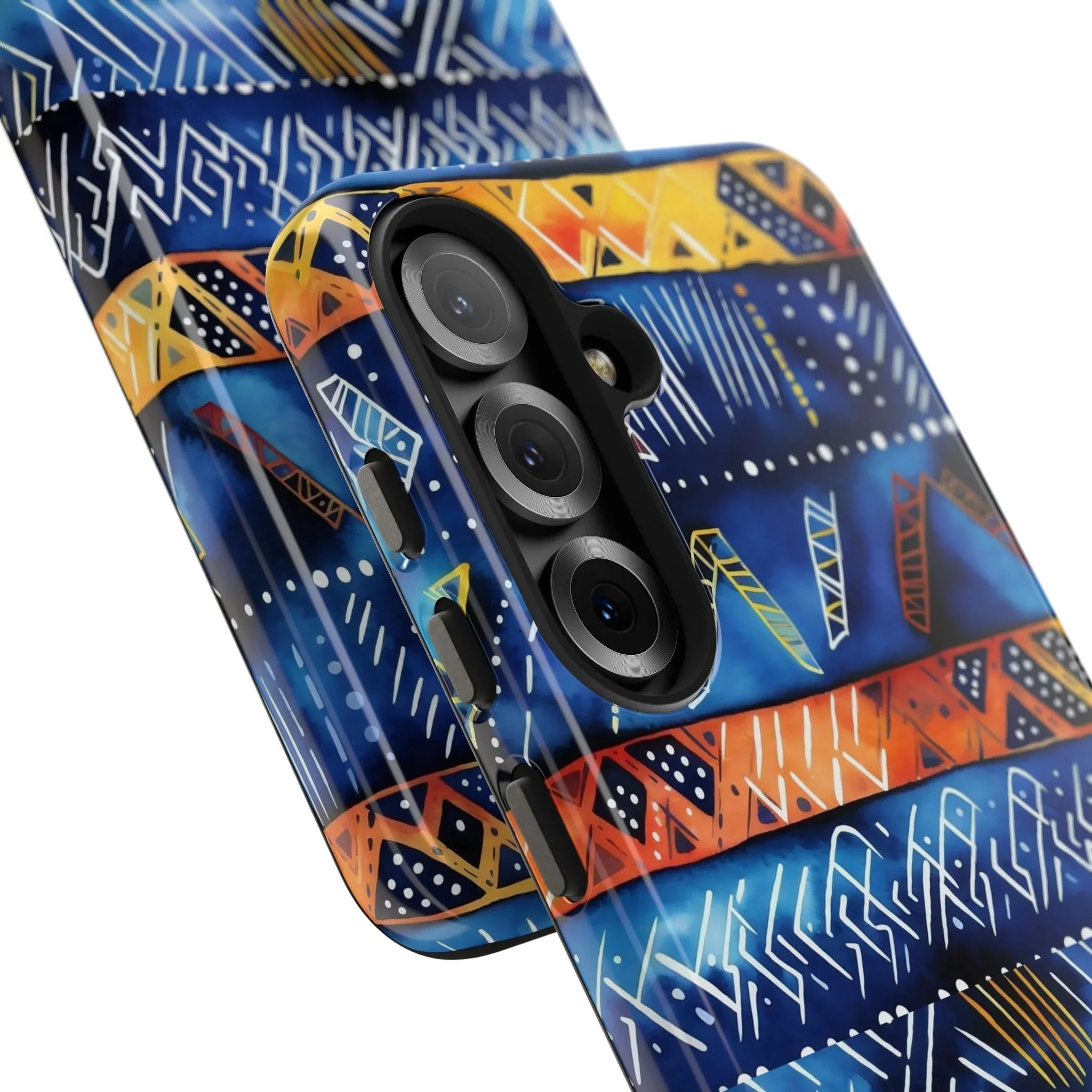 African mudcloth Tribal Indigo Stripe Tough Phone Case — Blue & Orange Geometric Protective Cover - DiwaKi