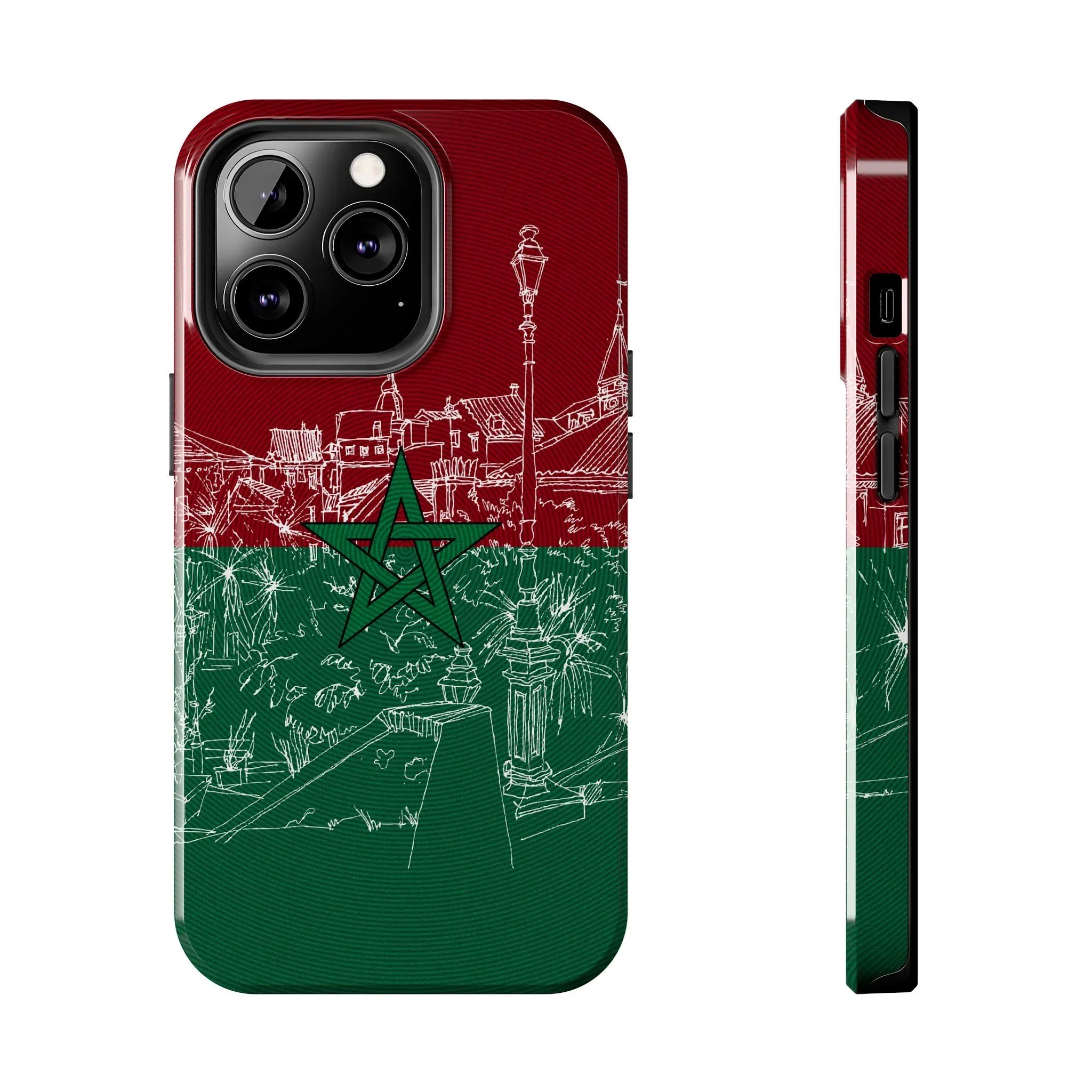 Morocco Flag Sketch Tough Phone Case — Red & Green Casablanca Cityscape - DiwaKi