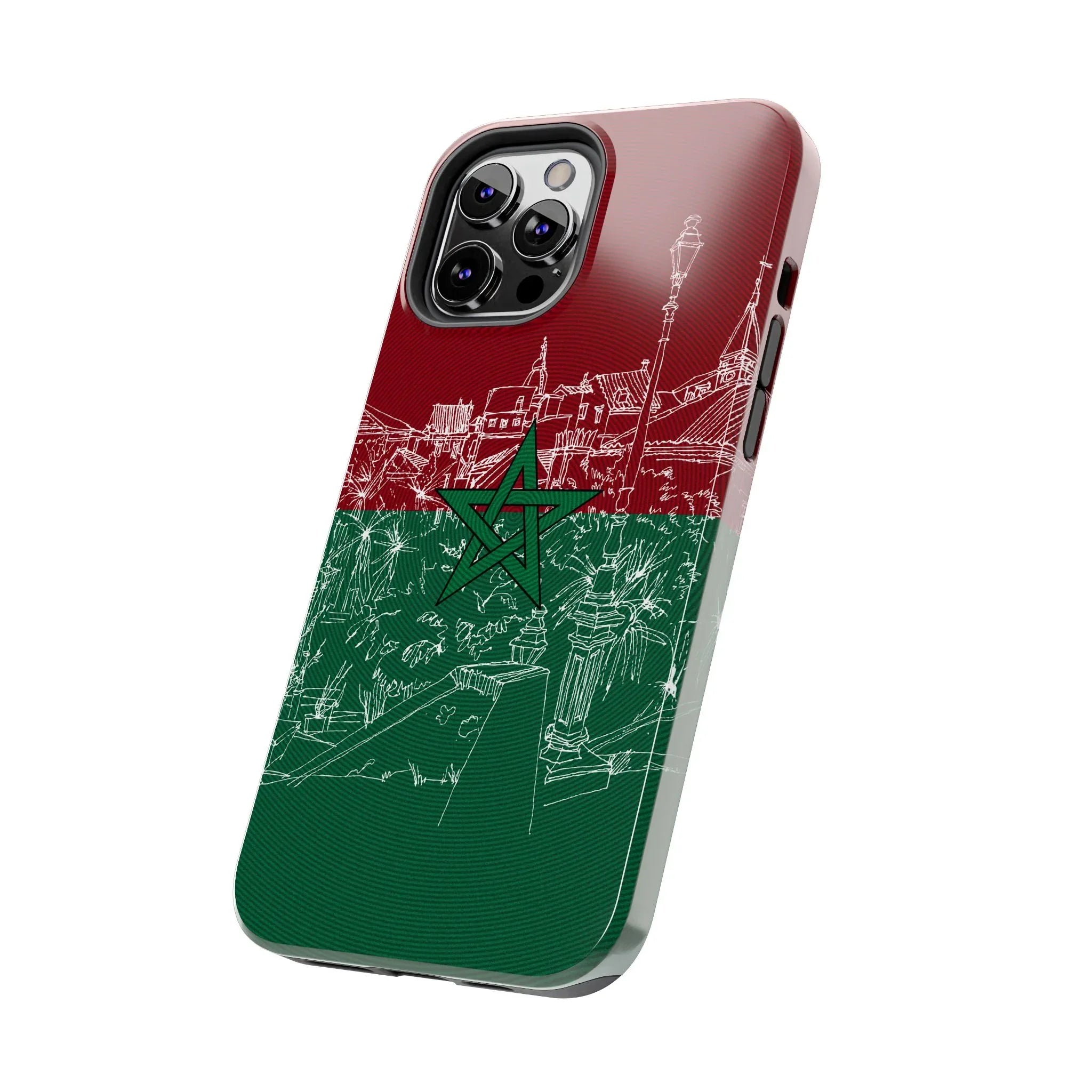 Morocco Flag Sketch Tough Phone Case — Red & Green Casablanca Cityscape - DiwaKi