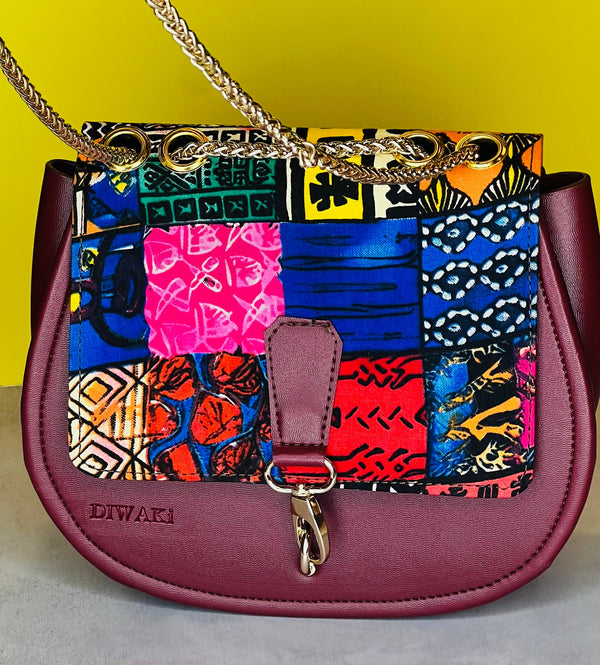 DiwaKi Ankara Patchwork Shoulder Bag – Burgundy Vegan Leather Crossbody with Gold Chain