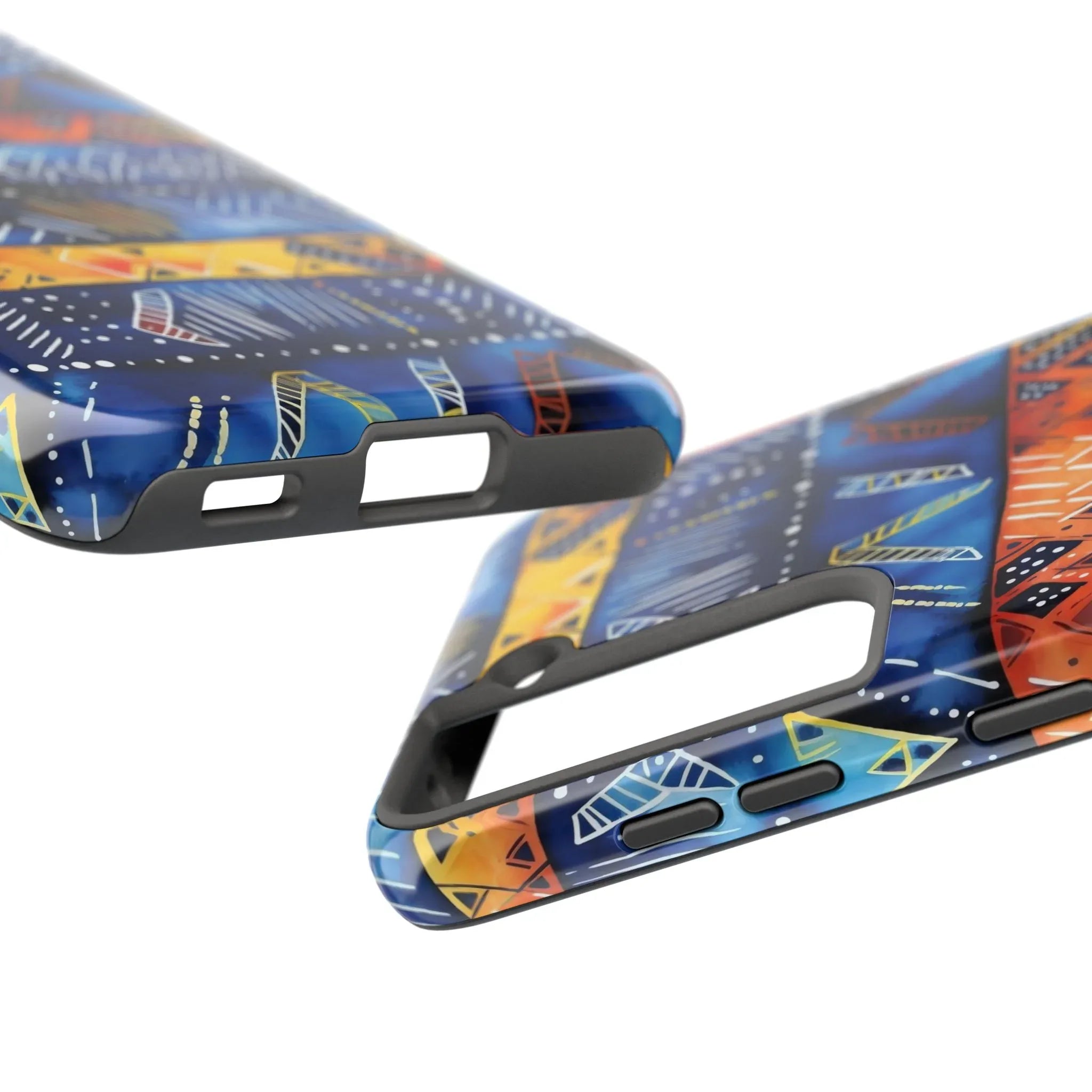 African mudcloth Tribal Indigo Stripe Tough Phone Case — Blue & Orange Geometric Protective Cover - DiwaKi