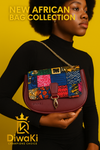 DiwaKi Ankara Patchwork Shoulder Bag – Burgundy Vegan Leather Crossbody with Gold Chain