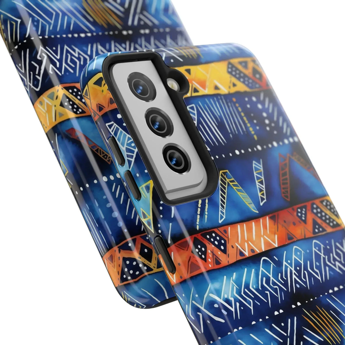 African mudcloth Tribal Indigo Stripe Tough Phone Case — Blue & Orange Geometric Protective Cover - DiwaKi