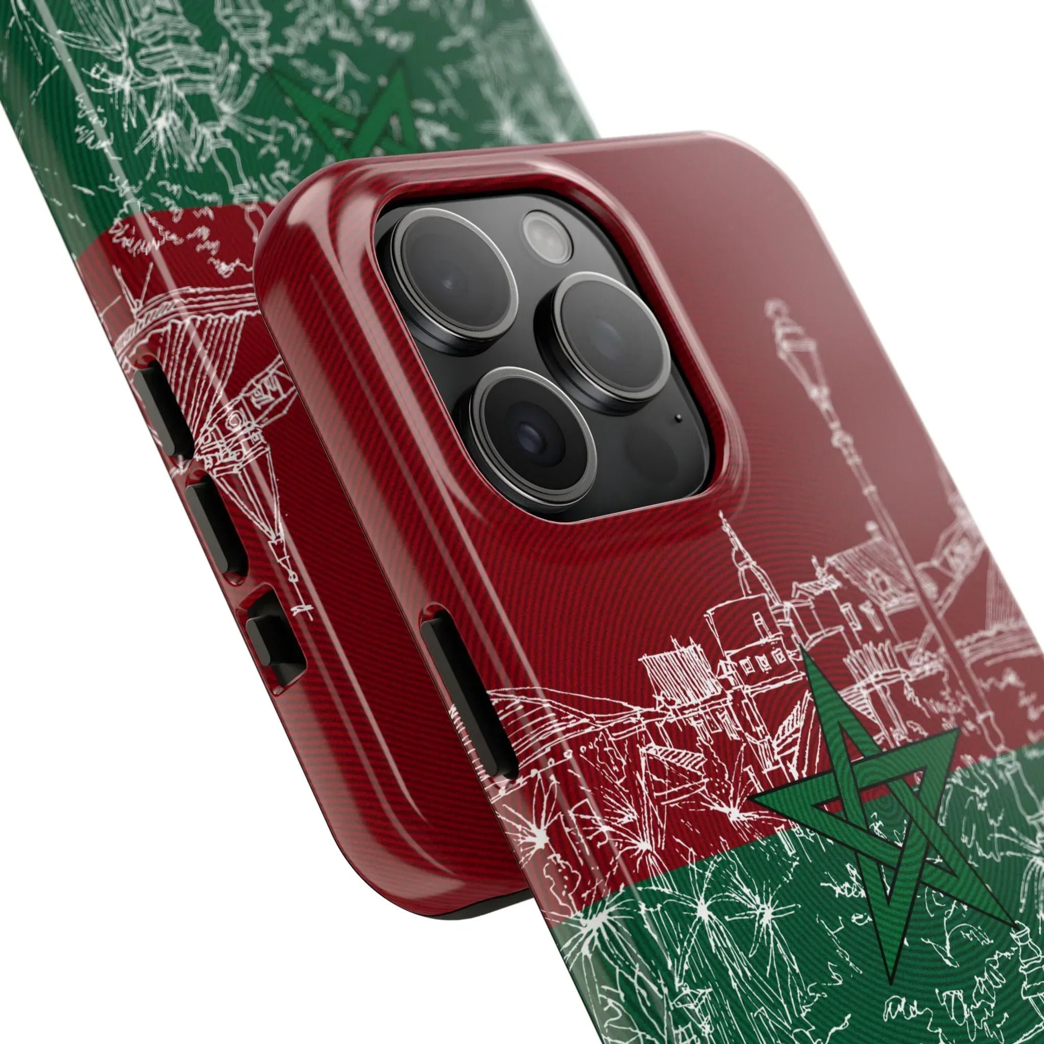Morocco Flag Sketch Tough Phone Case — Red & Green Casablanca Cityscape - DiwaKi