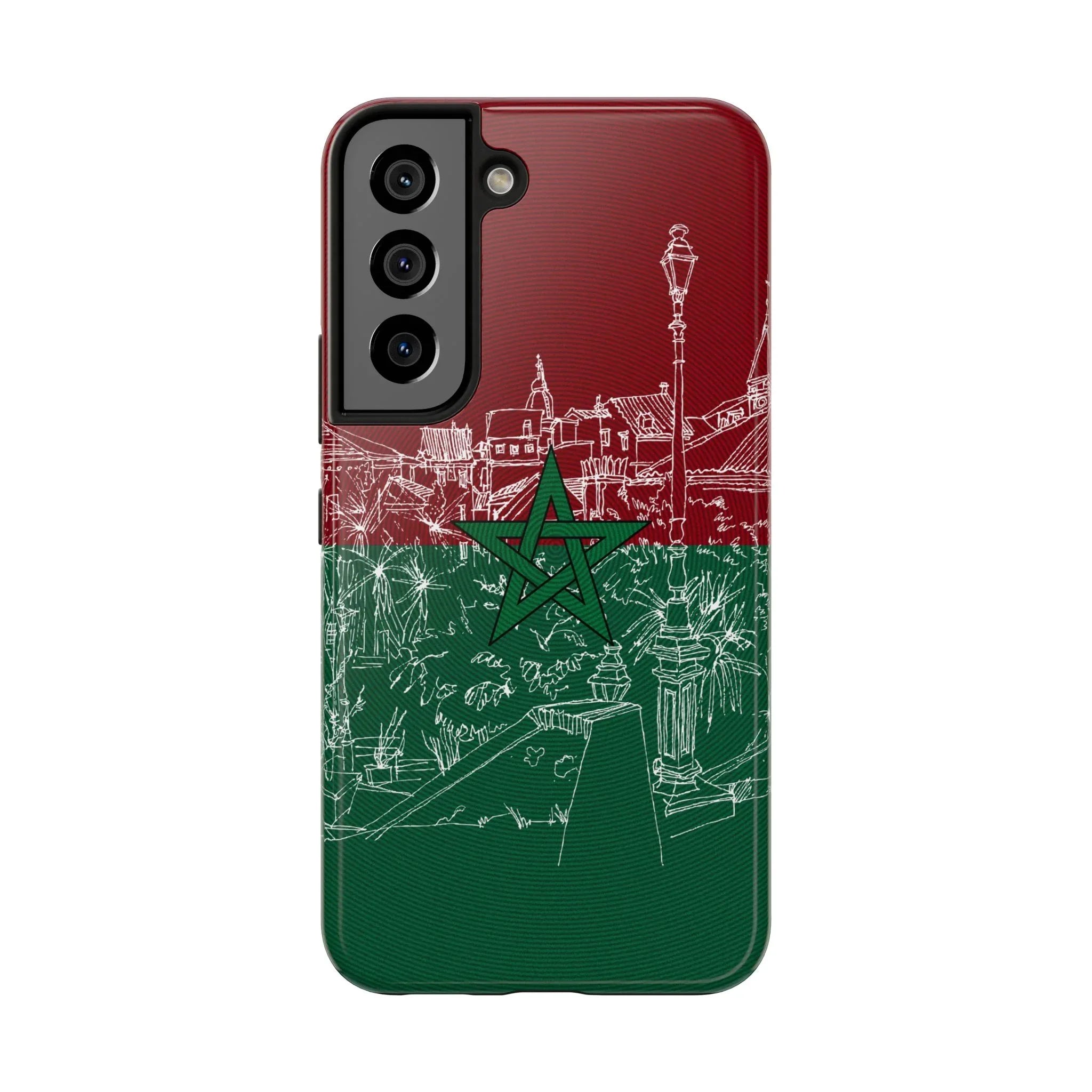 Morocco Flag Sketch Tough Phone Case — Red & Green Casablanca Cityscape - DiwaKi