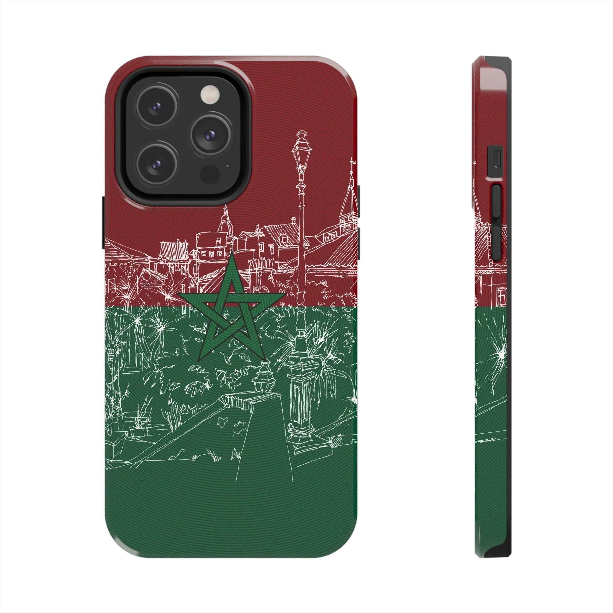 Morocco Flag Sketch Tough Phone Case — Red & Green Casablanca Cityscape - DiwaKi
