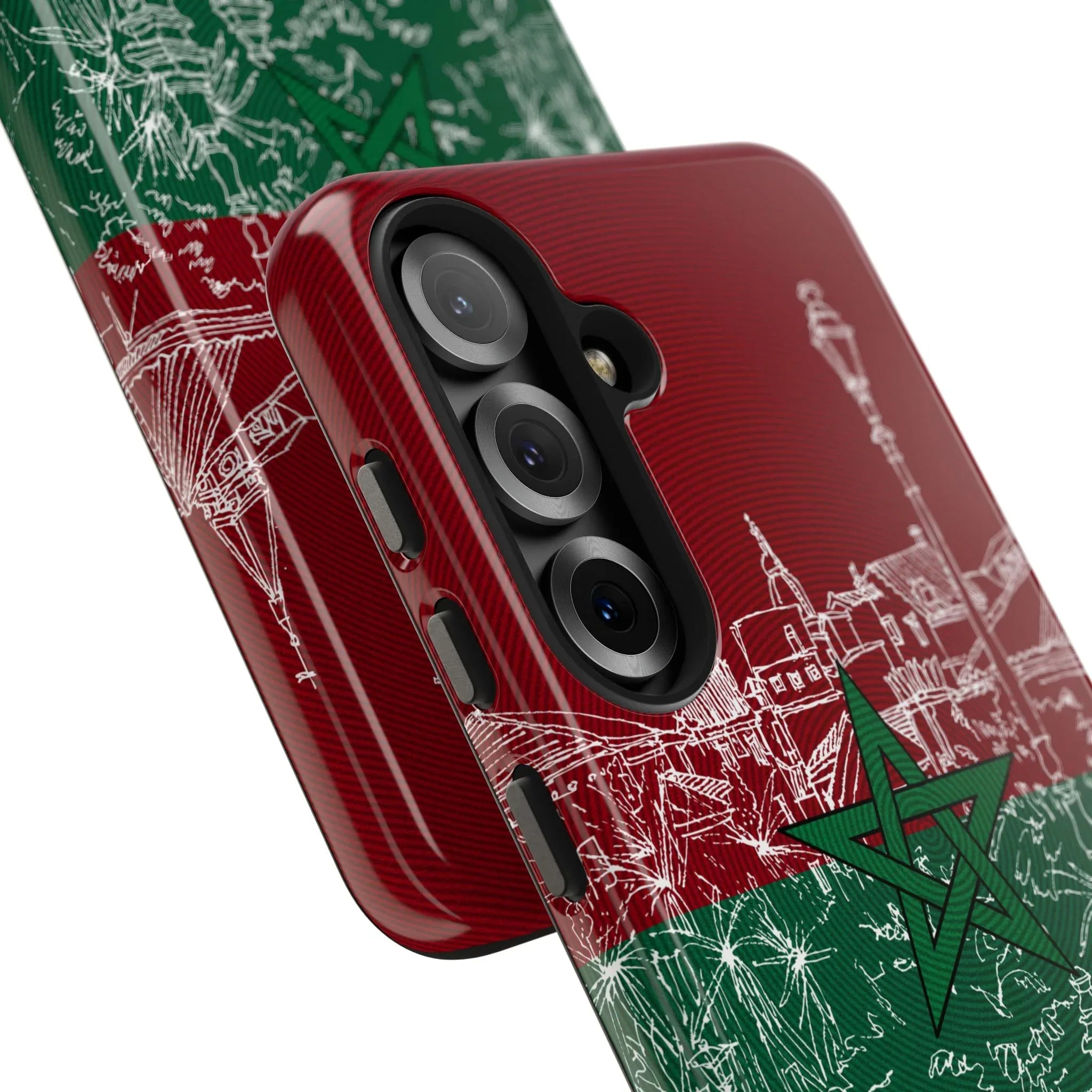 Morocco Flag Sketch Tough Phone Case — Red & Green Casablanca Cityscape - DiwaKi