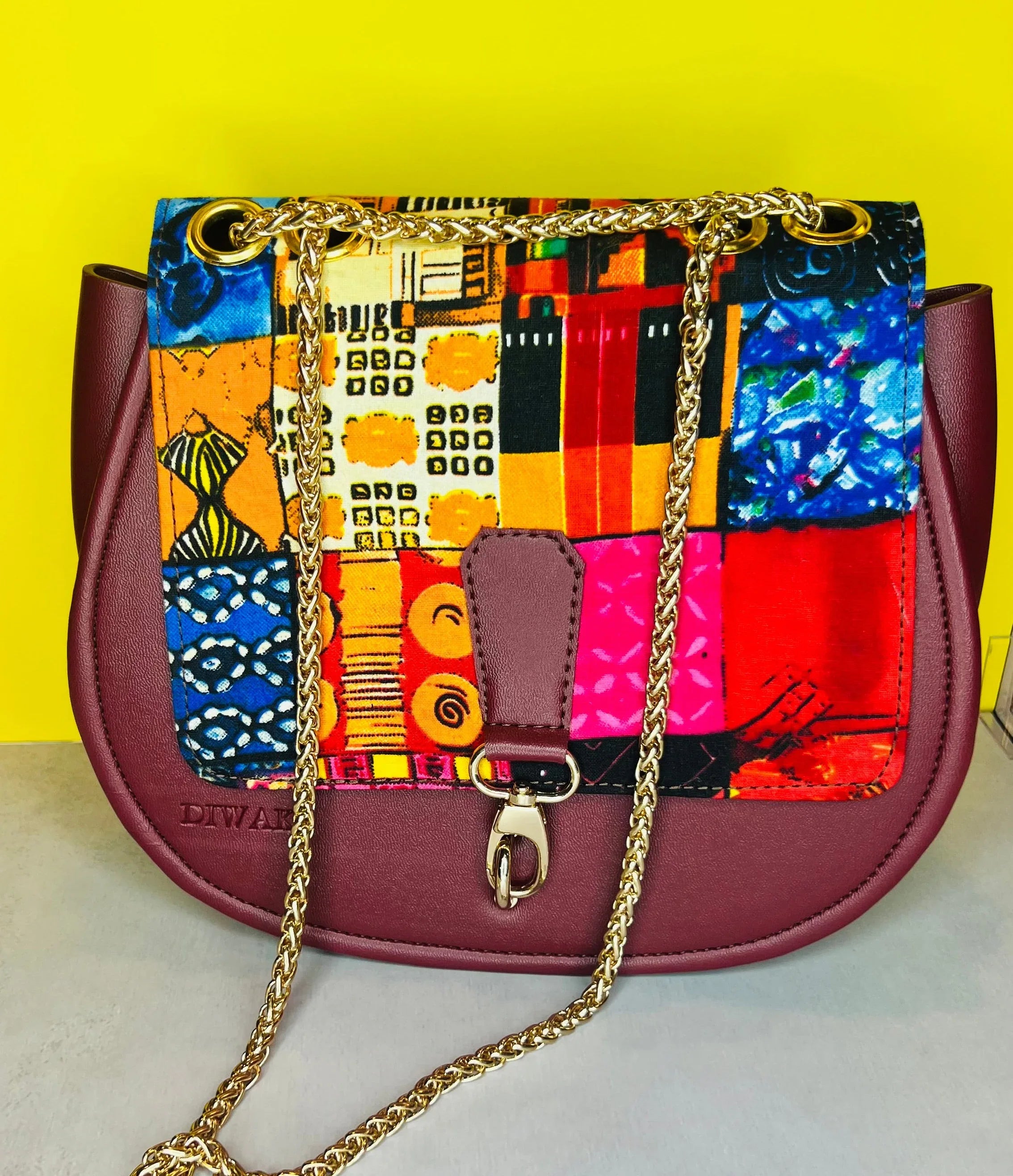 African wax pattern burgundy shoulder bag - DiwaKi