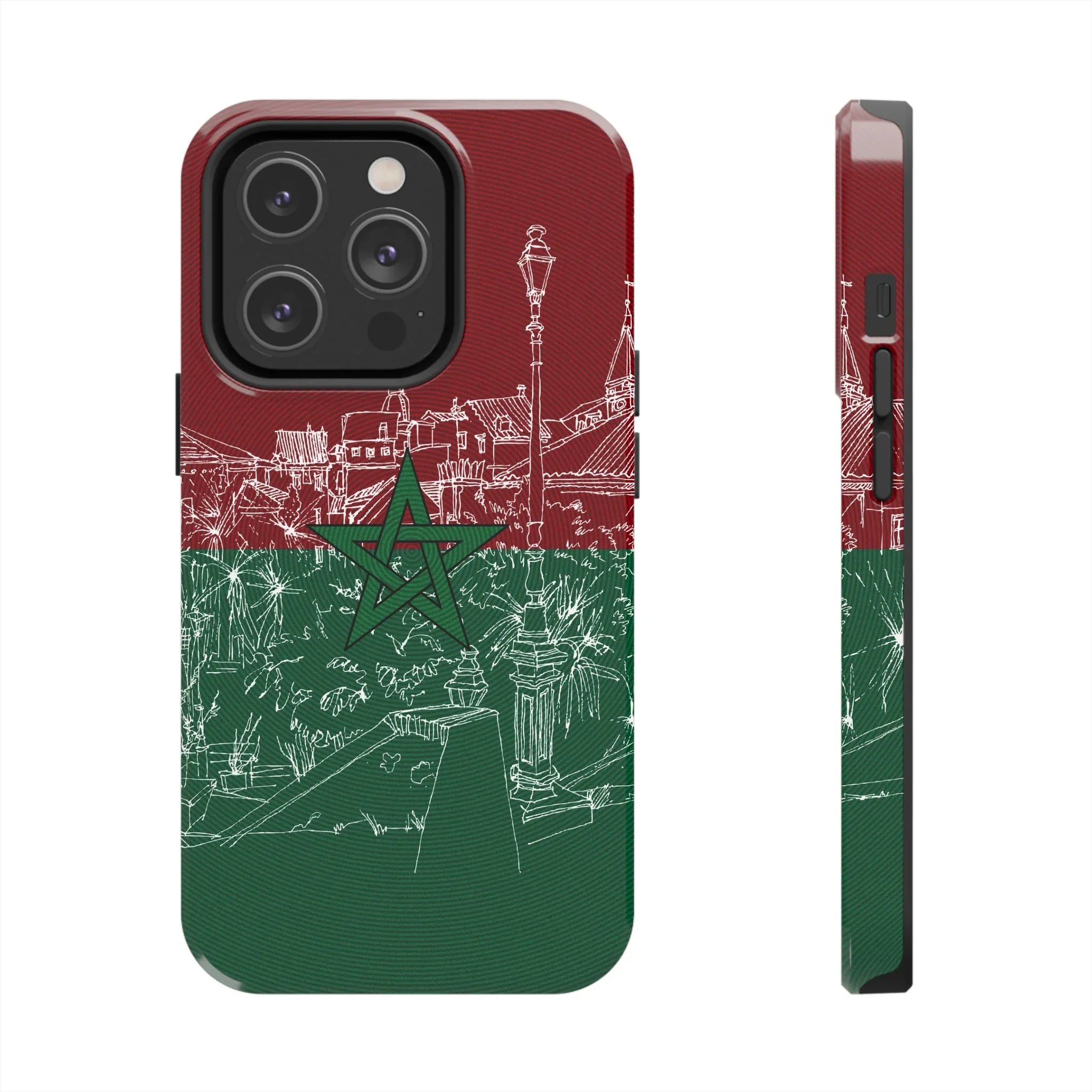 Morocco Flag Sketch Tough Phone Case — Red & Green Casablanca Cityscape - DiwaKi