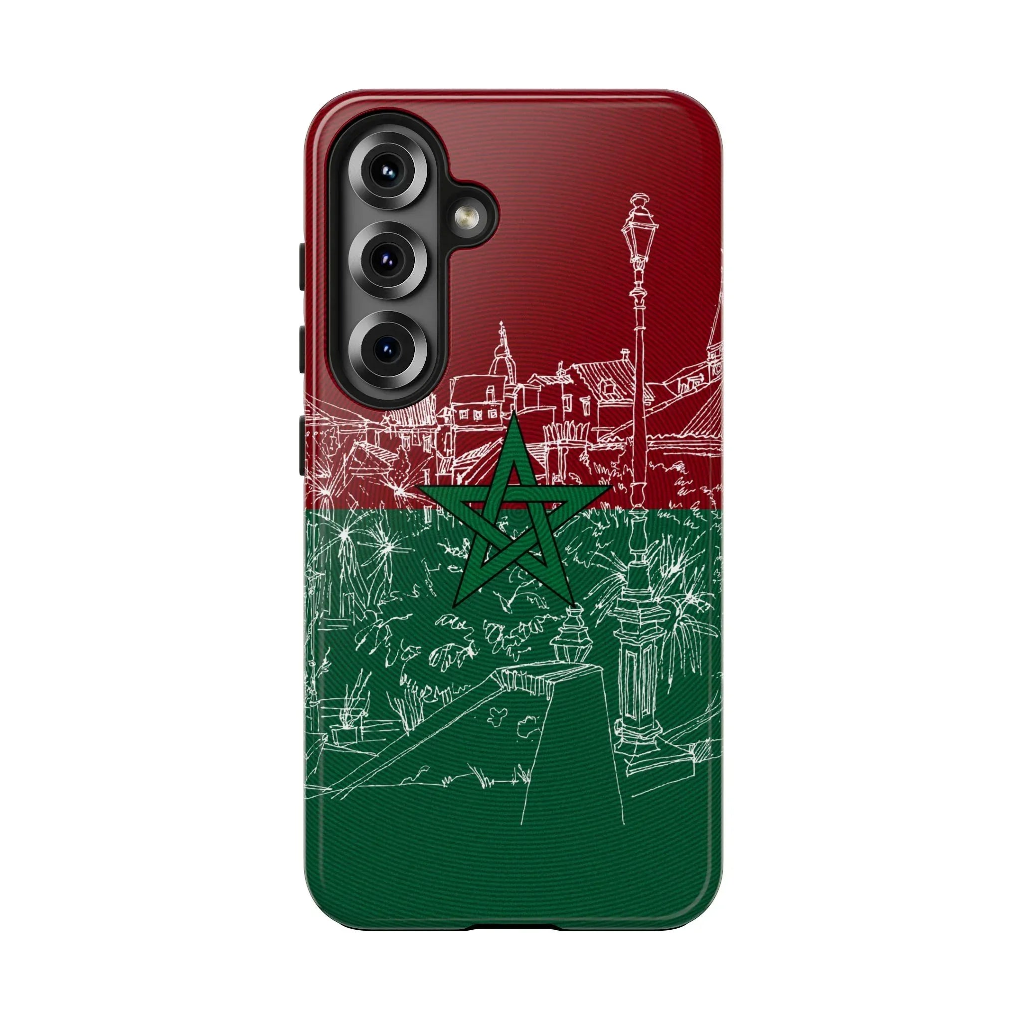 Morocco Flag Sketch Tough Phone Case — Red & Green Casablanca Cityscape - DiwaKi