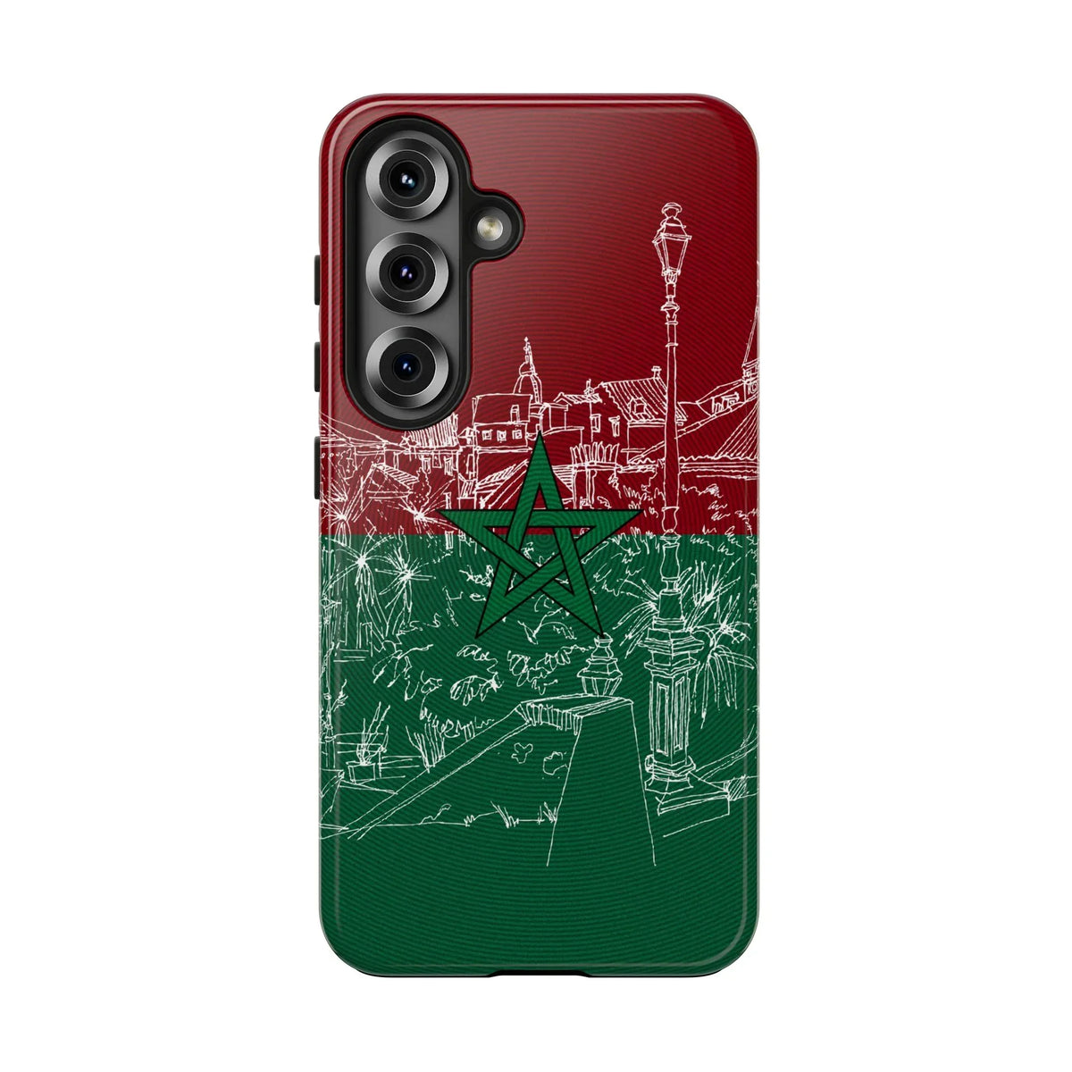 Morocco Flag Sketch Tough Phone Case — Red & Green Casablanca Cityscape - DiwaKi