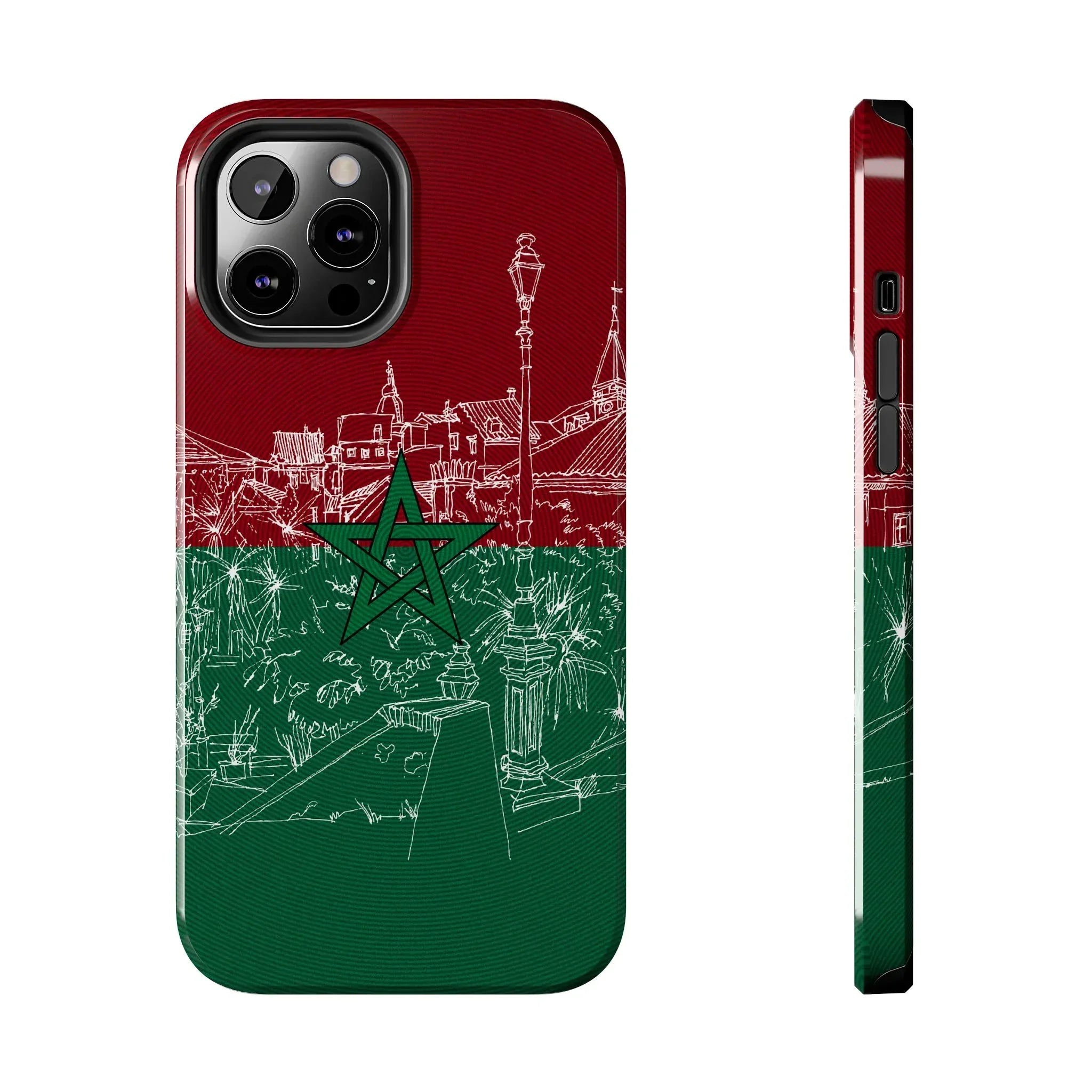 Morocco Flag Sketch Tough Phone Case — Red & Green Casablanca Cityscape - DiwaKi