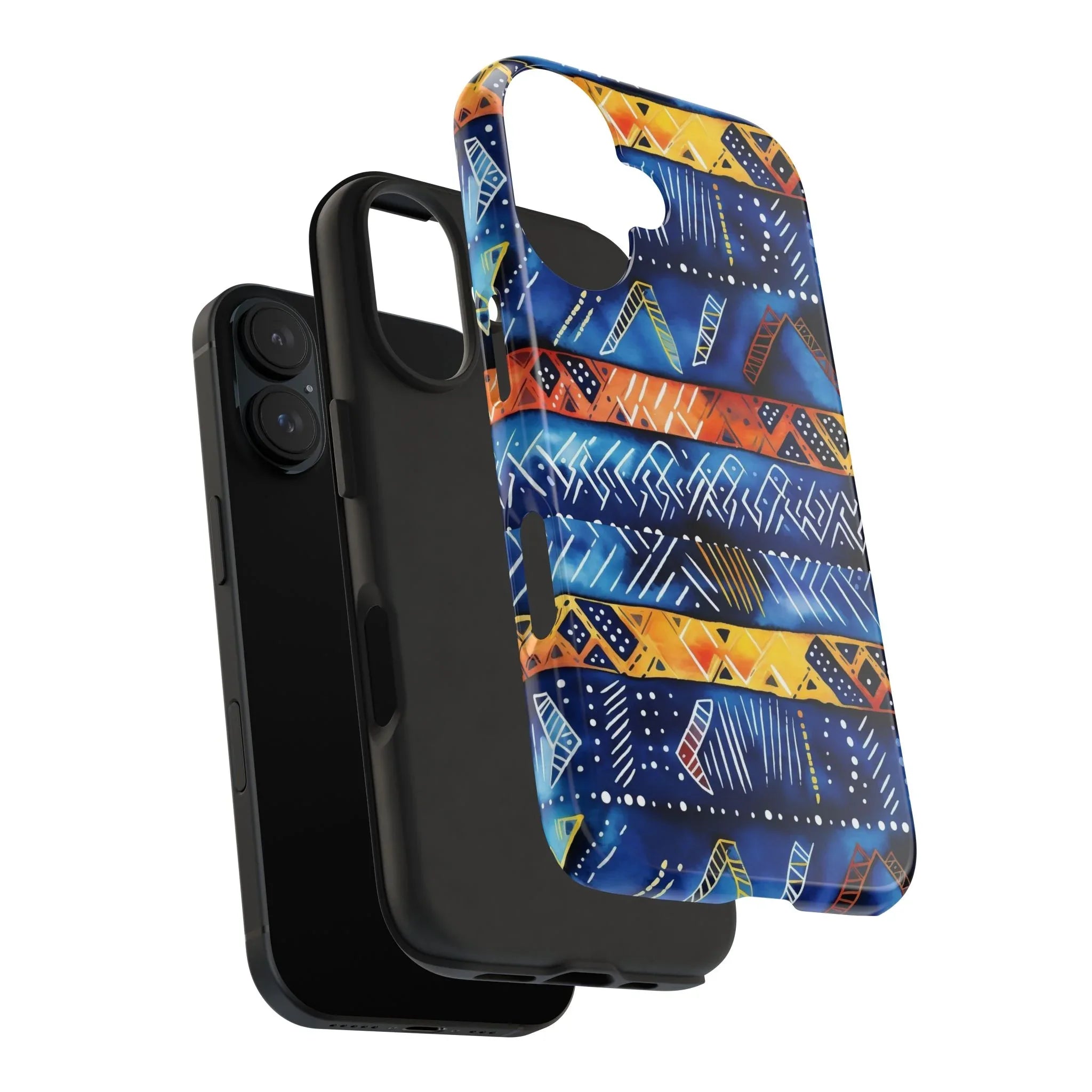 African mudcloth Tribal Indigo Stripe Tough Phone Case — Blue & Orange Geometric Protective Cover - DiwaKi