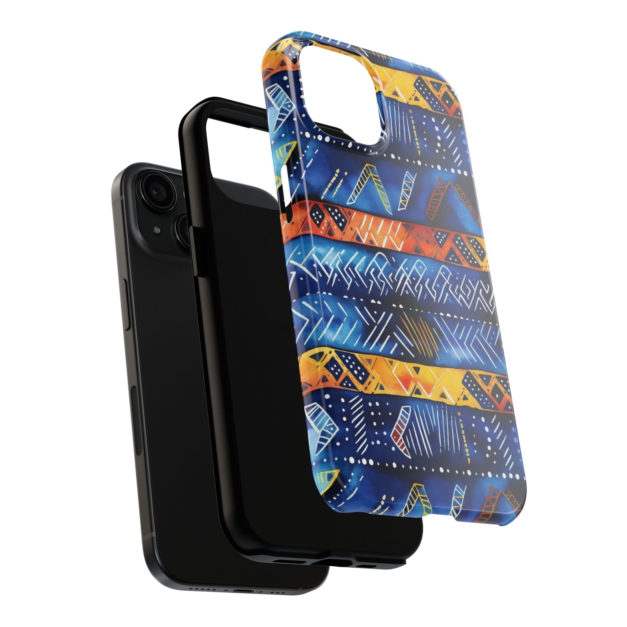 African mudcloth Tribal Indigo Stripe Tough Phone Case — Blue & Orange Geometric Protective Cover