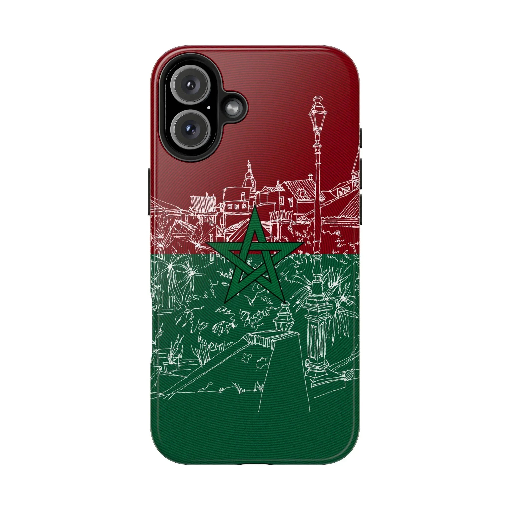 Morocco Flag Sketch Tough Phone Case — Red & Green Casablanca Cityscape - DiwaKi
