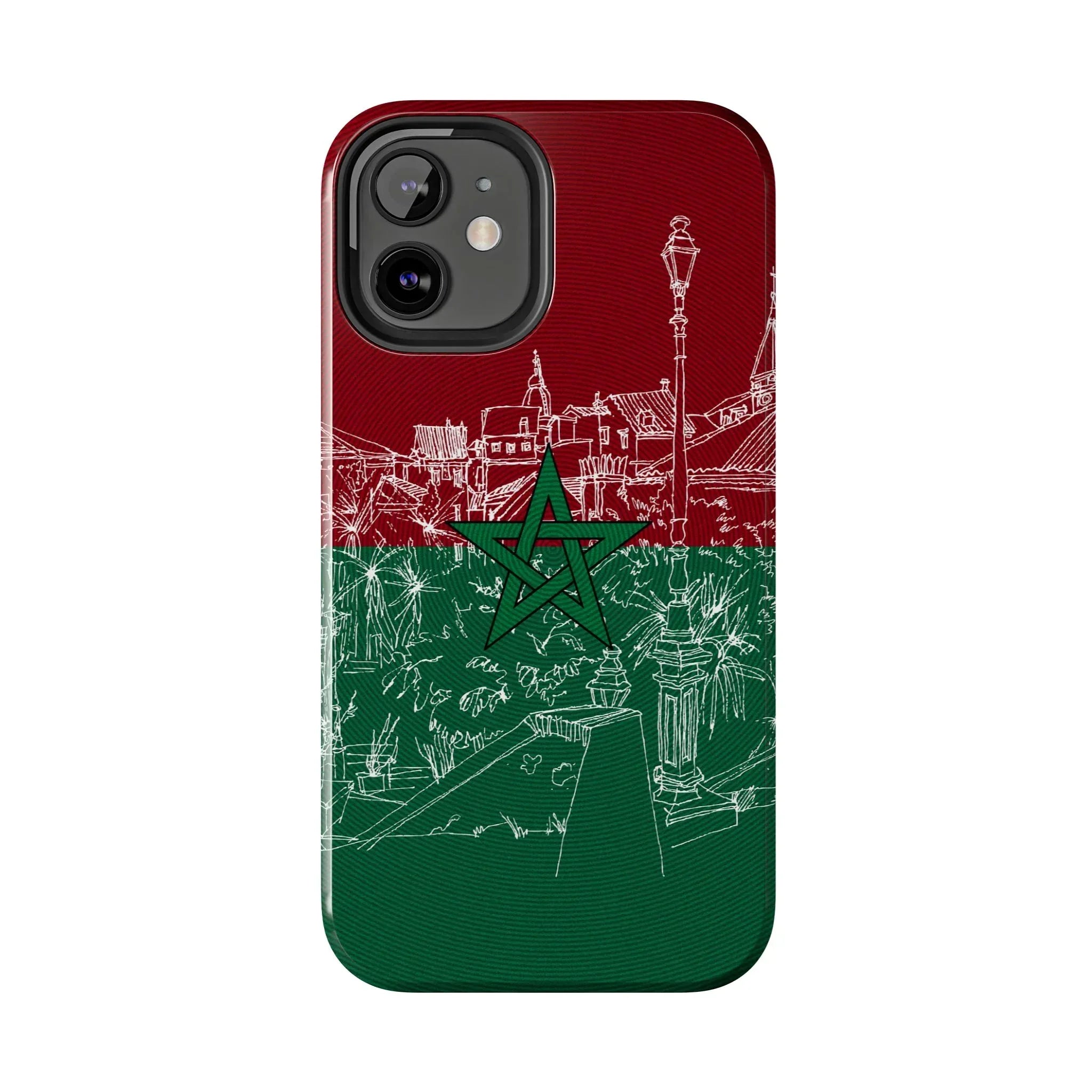 Morocco Flag Sketch Tough Phone Case — Red & Green Casablanca Cityscape - DiwaKi