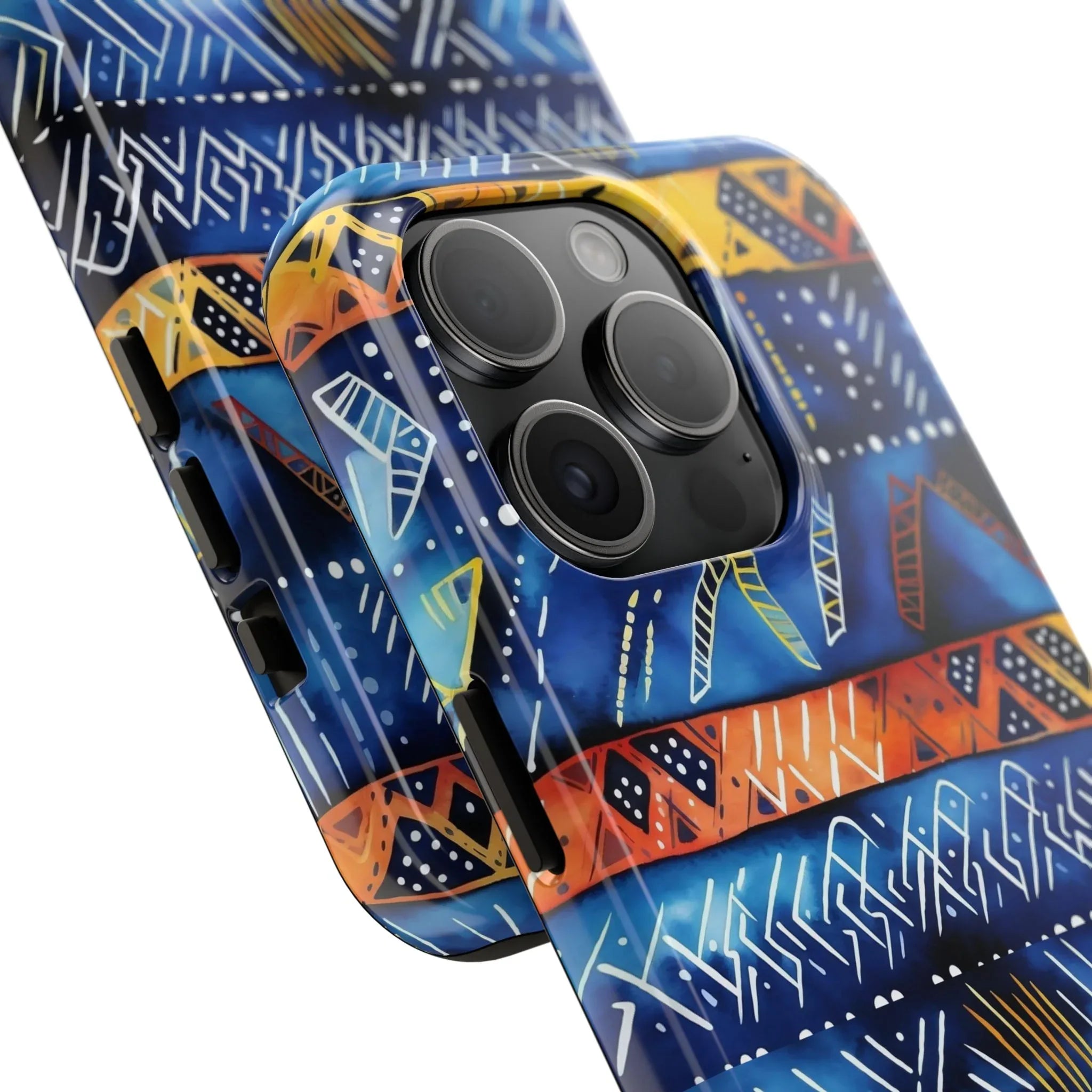 African mudcloth Tribal Indigo Stripe Tough Phone Case — Blue & Orange Geometric Protective Cover - DiwaKi