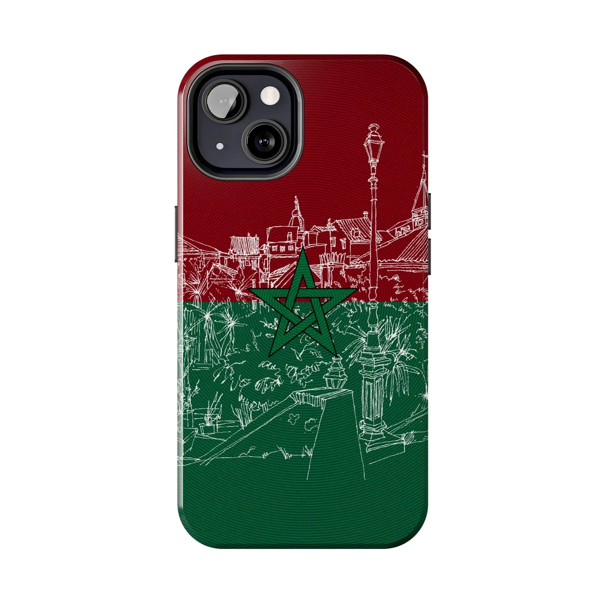Morocco Flag Sketch Tough Phone Case — Red & Green Casablanca Cityscape - DiwaKi