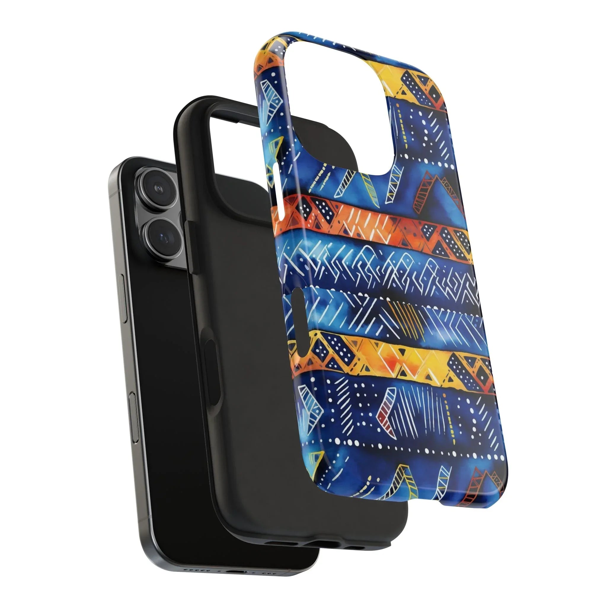 African mudcloth Tribal Indigo Stripe Tough Phone Case — Blue & Orange Geometric Protective Cover - DiwaKi