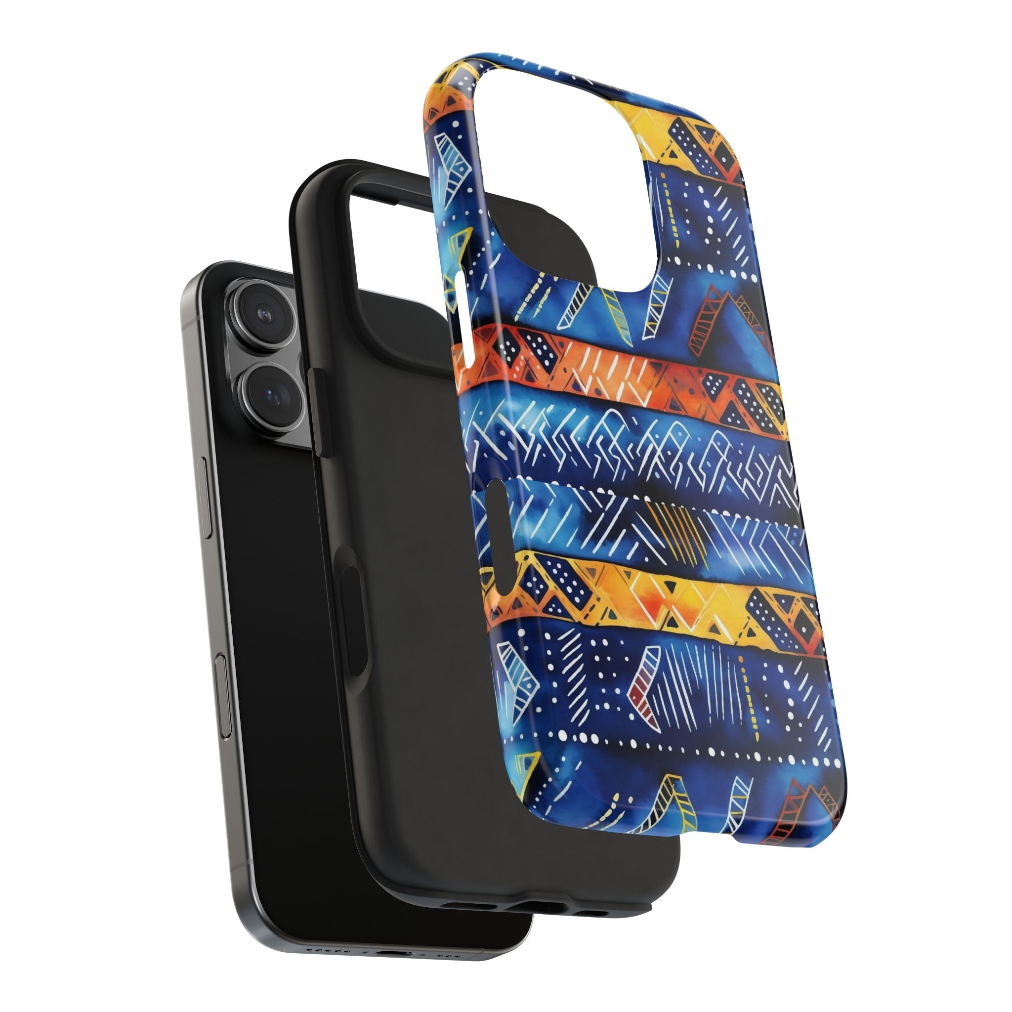 African mudcloth Tribal Indigo Stripe Tough Phone Case — Blue & Orange Geometric Protective Cover