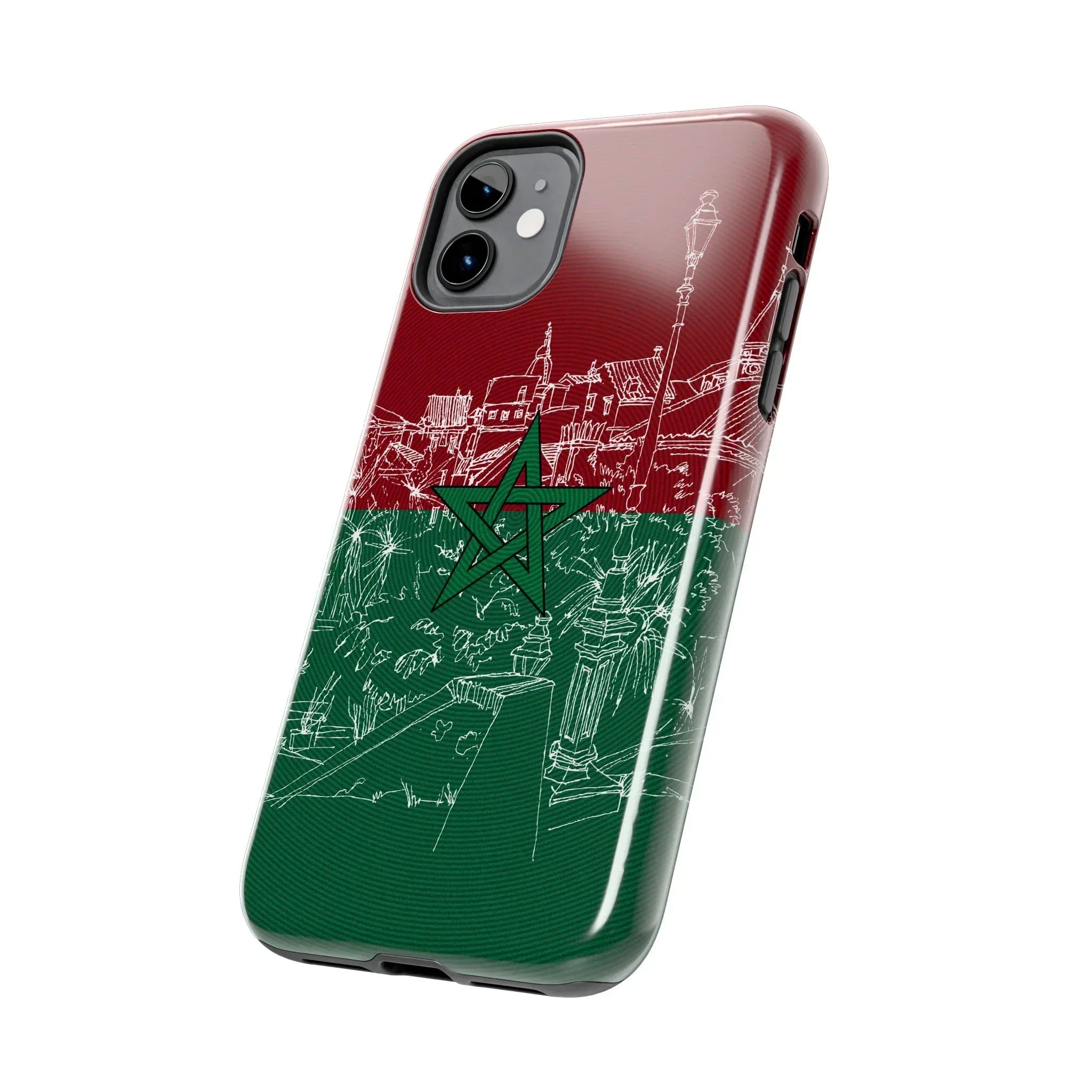 Morocco Flag Sketch Tough Phone Case — Red & Green Casablanca Cityscape - DiwaKi