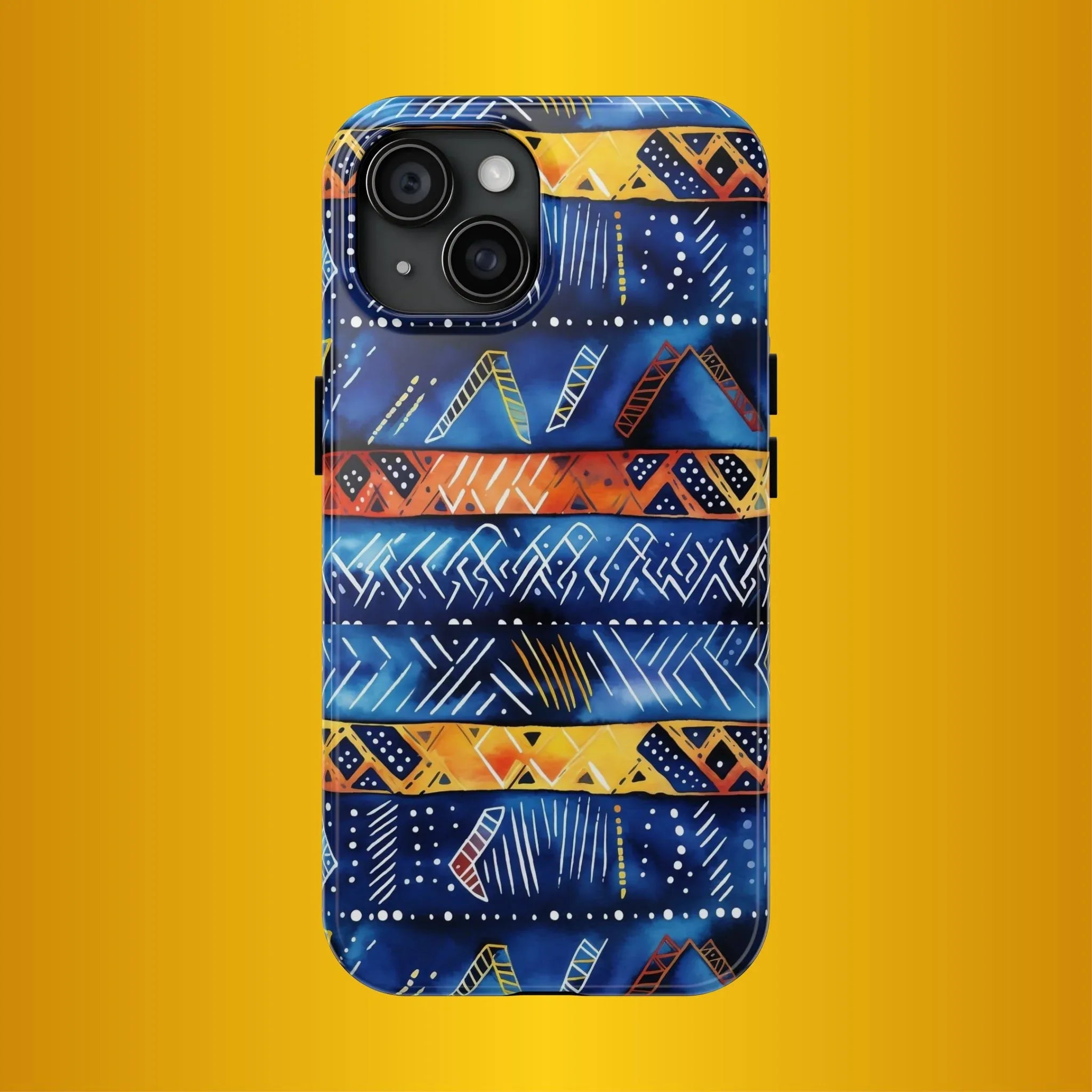 African mudcloth Tribal Indigo Stripe Tough Phone Case — Blue & Orange Geometric Protective Cover - DiwaKi