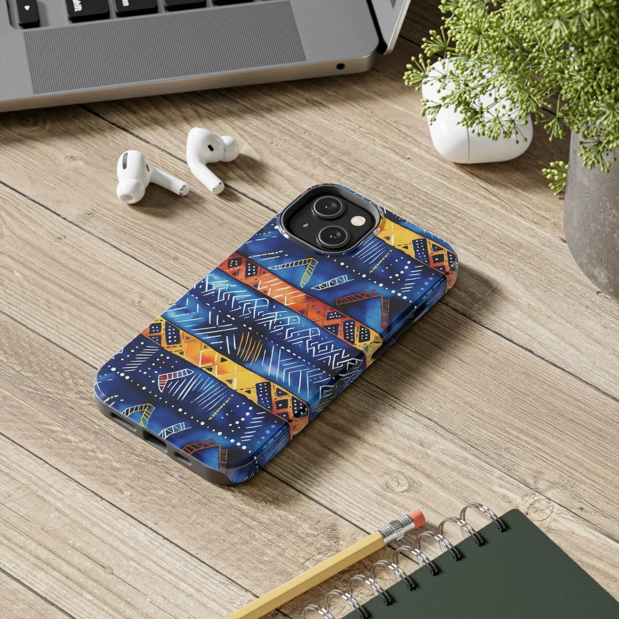 African mudcloth Tribal Indigo Stripe Tough Phone Case — Blue & Orange Geometric Protective Cover - DiwaKi