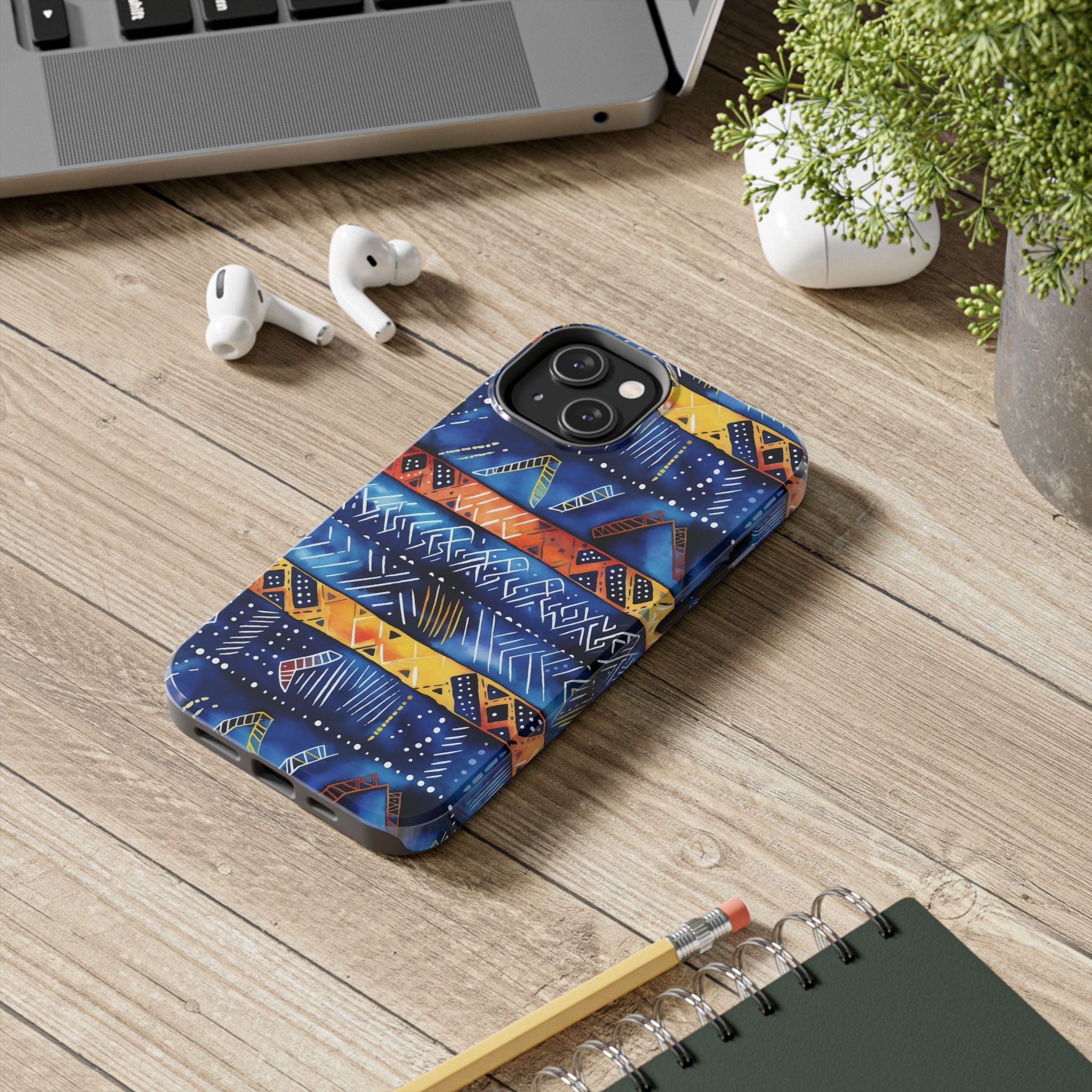 African mudcloth Tribal Indigo Stripe Tough Phone Case — Blue & Orange Geometric Protective Cover