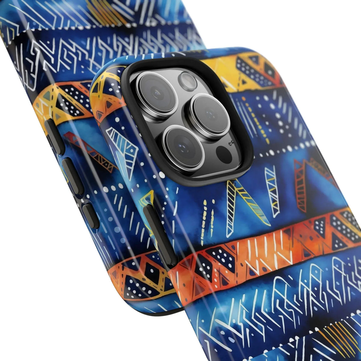 African mudcloth Tribal Indigo Stripe Tough Phone Case — Blue & Orange Geometric Protective Cover - DiwaKi