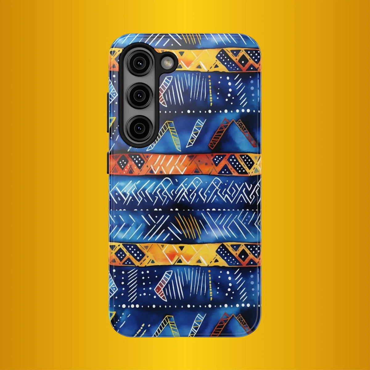 African mudcloth Tribal Indigo Stripe Tough Phone Case — Blue & Orange Geometric Protective Cover - DiwaKi