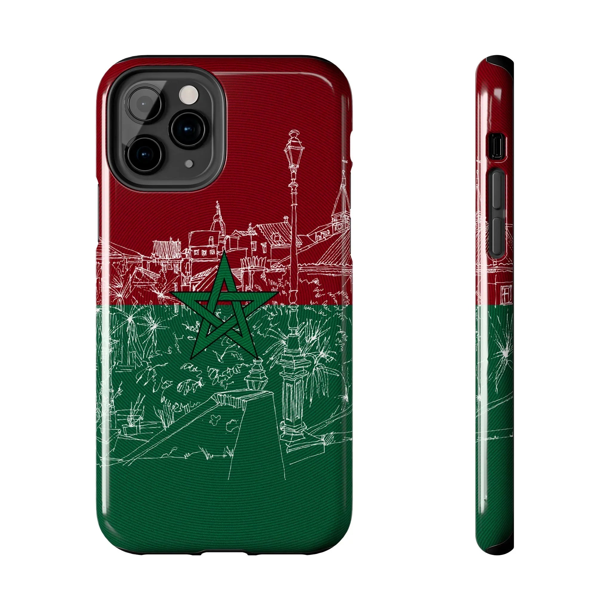 Morocco Flag Sketch Tough Phone Case — Red & Green Casablanca Cityscape - DiwaKi