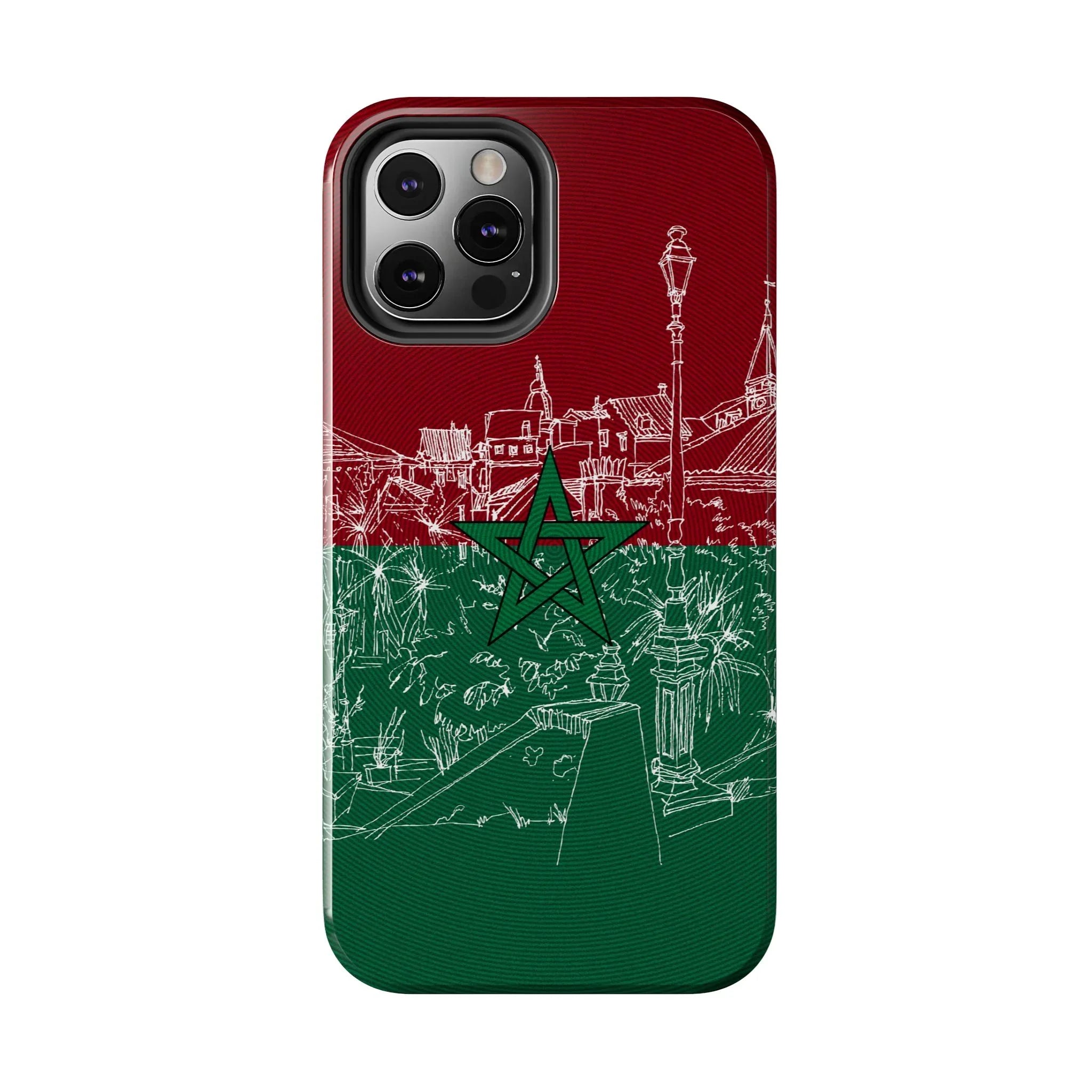 Morocco Flag Sketch Tough Phone Case — Red & Green Casablanca Cityscape - DiwaKi
