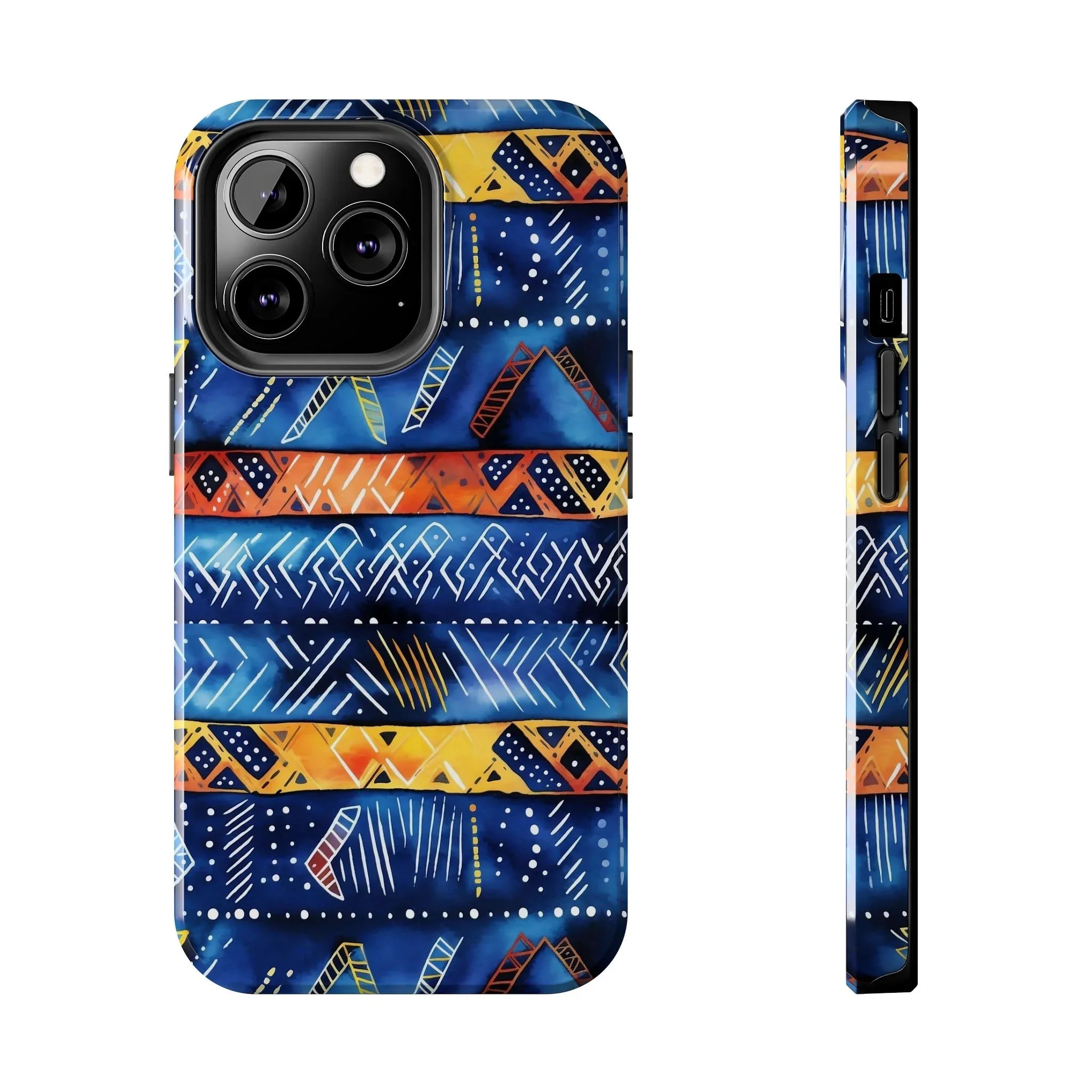 African mudcloth Tribal Indigo Stripe Tough Phone Case — Blue & Orange Geometric Protective Cover - DiwaKi
