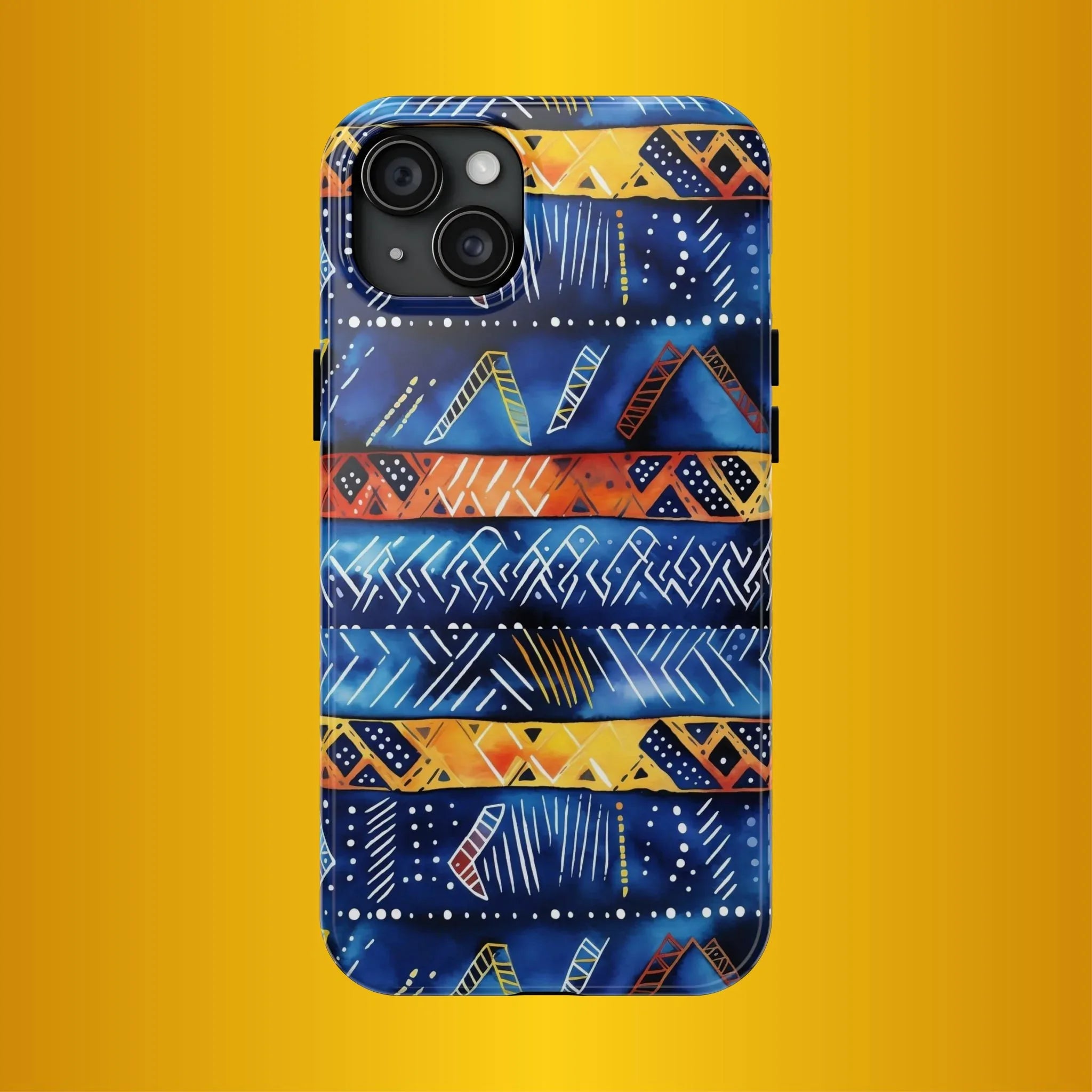 African mudcloth Tribal Indigo Stripe Tough Phone Case — Blue & Orange Geometric Protective Cover - DiwaKi
