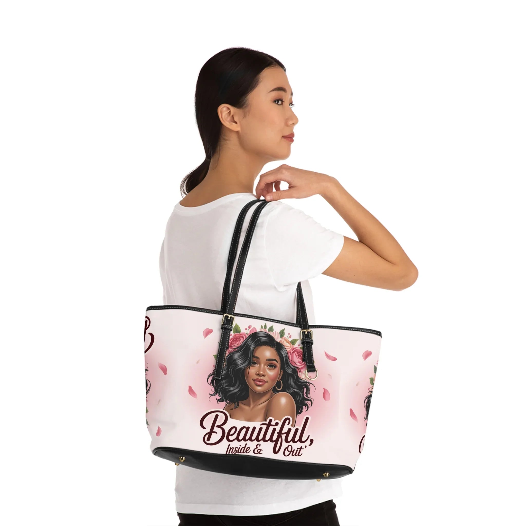 Tote Bag — "Beautiful Inside & Out" Floral Portrait PU Shoulder Tote - DiwaKi