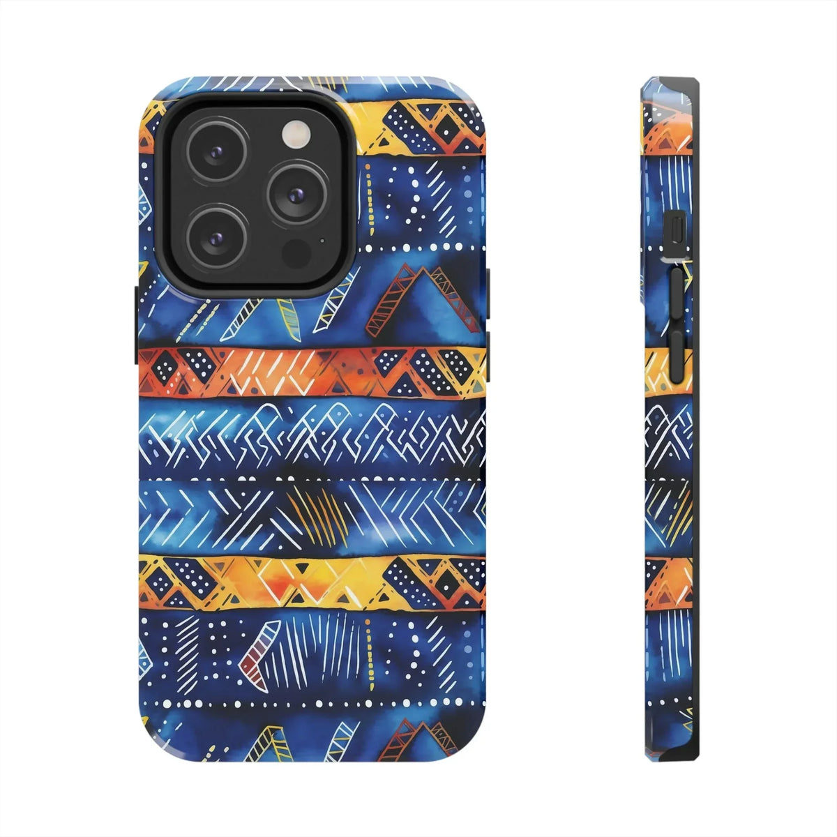 African mudcloth Tribal Indigo Stripe Tough Phone Case — Blue & Orange Geometric Protective Cover - DiwaKi