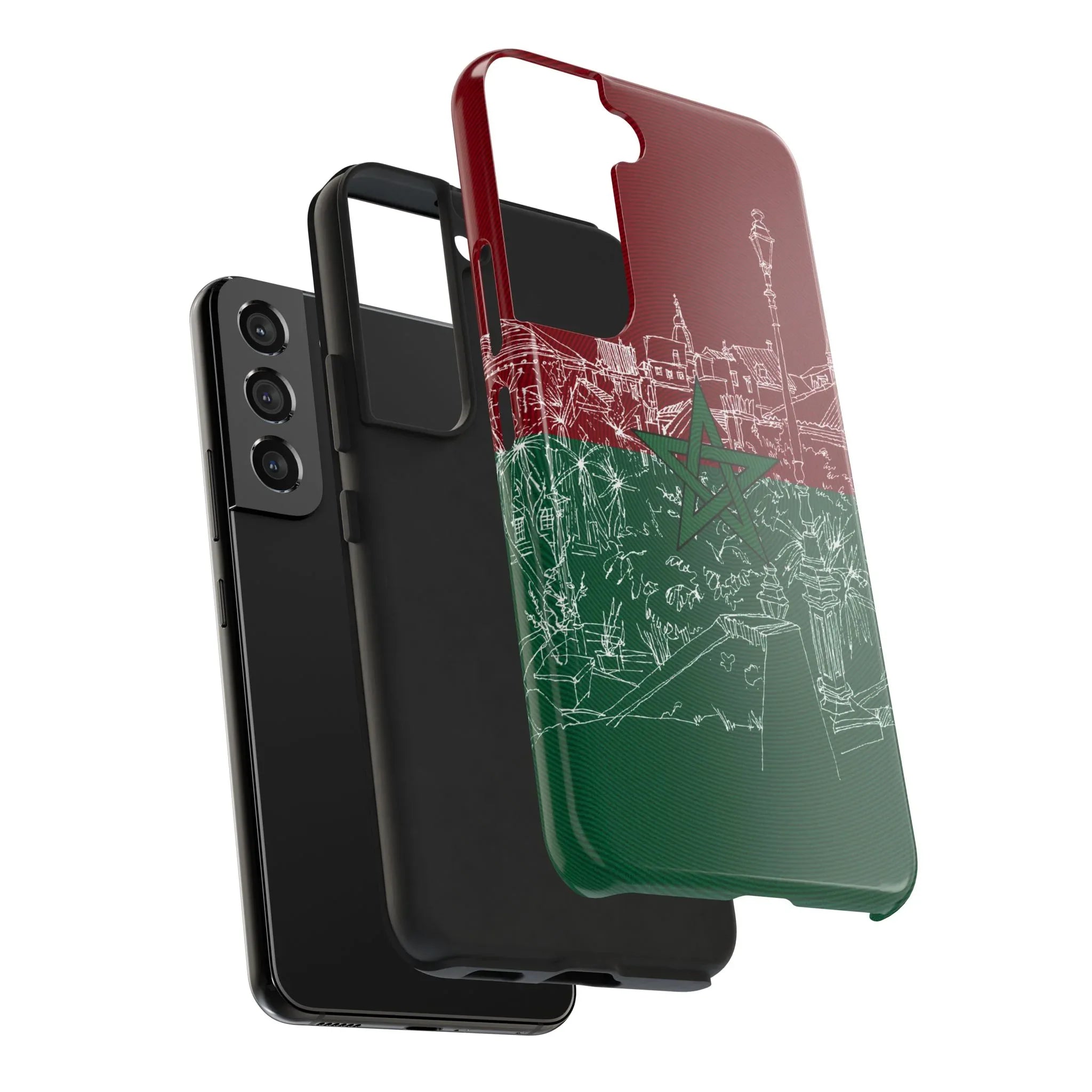 Morocco Flag Sketch Tough Phone Case — Red & Green Casablanca Cityscape - DiwaKi