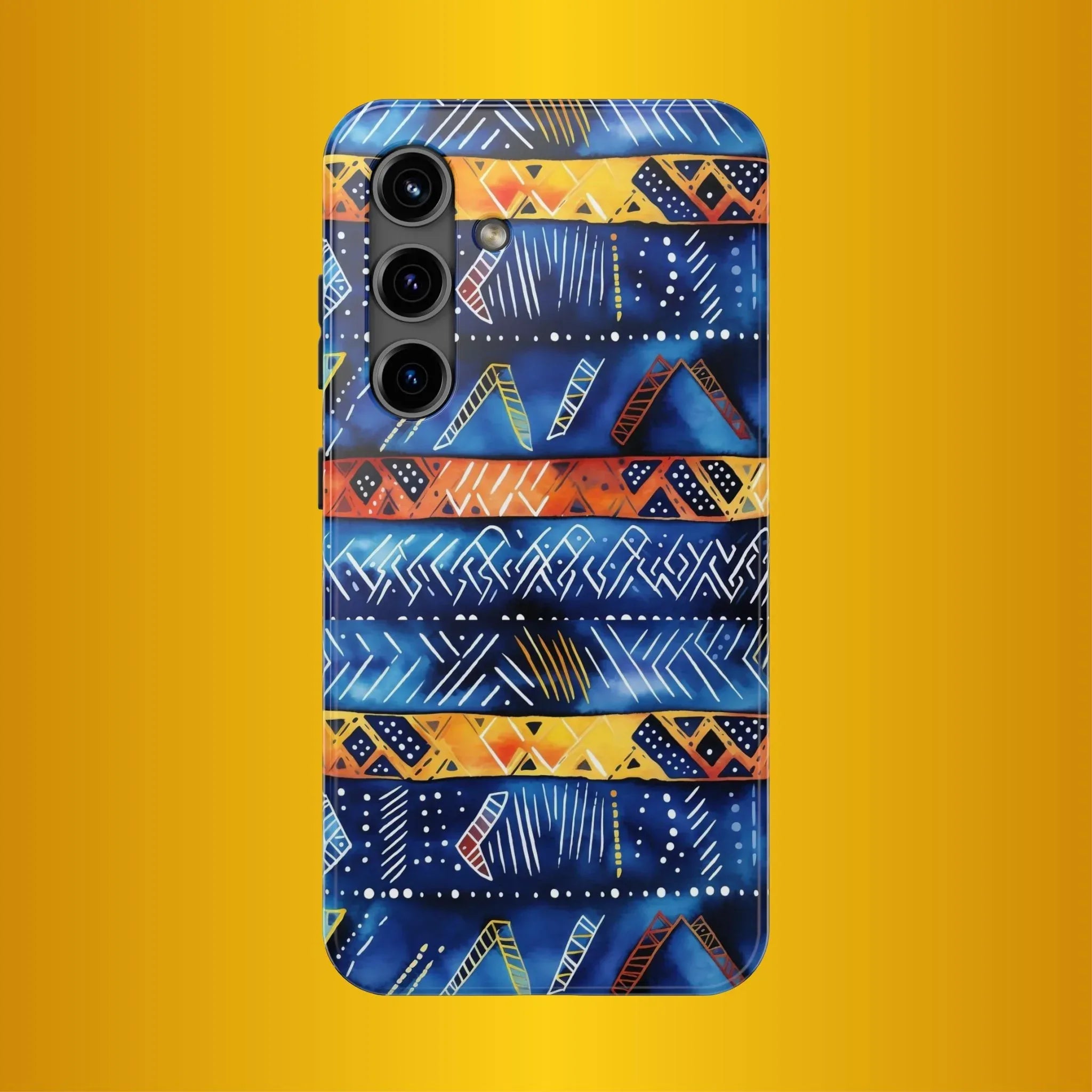 African mudcloth Tribal Indigo Stripe Tough Phone Case — Blue & Orange Geometric Protective Cover - DiwaKi