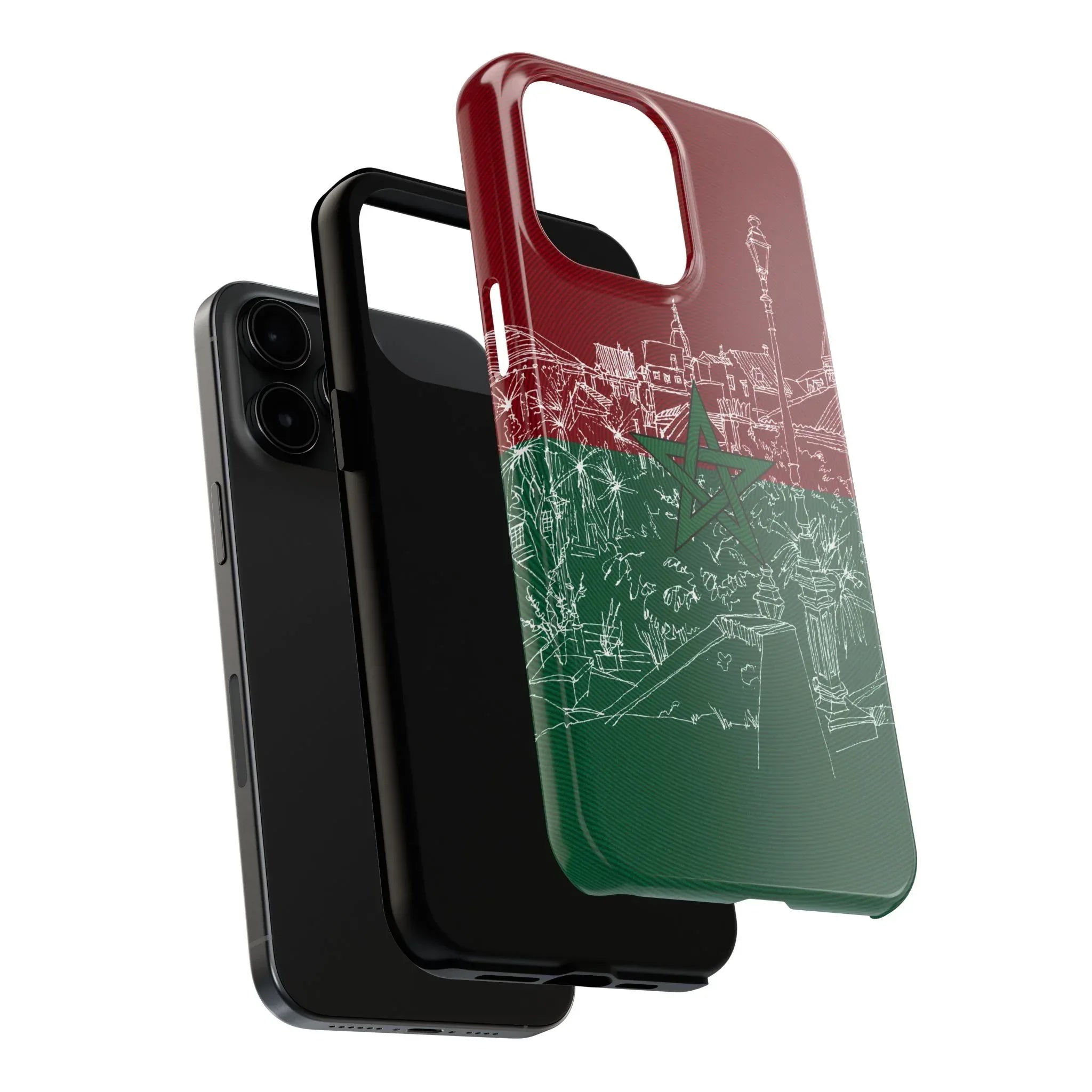 Morocco Flag Sketch Tough Phone Case — Red & Green Casablanca Cityscape - DiwaKi