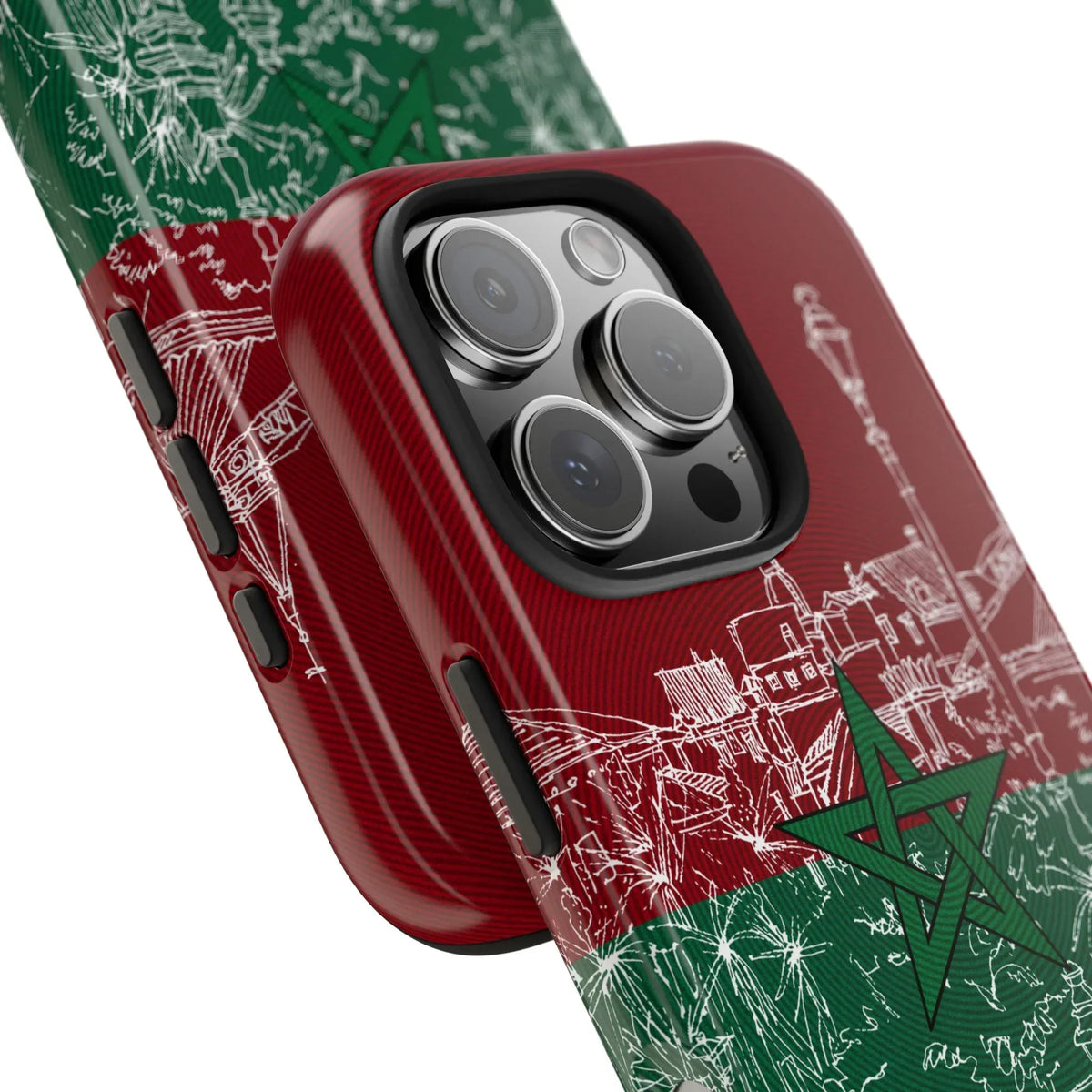 Morocco Flag Sketch Tough Phone Case — Red & Green Casablanca Cityscape - DiwaKi