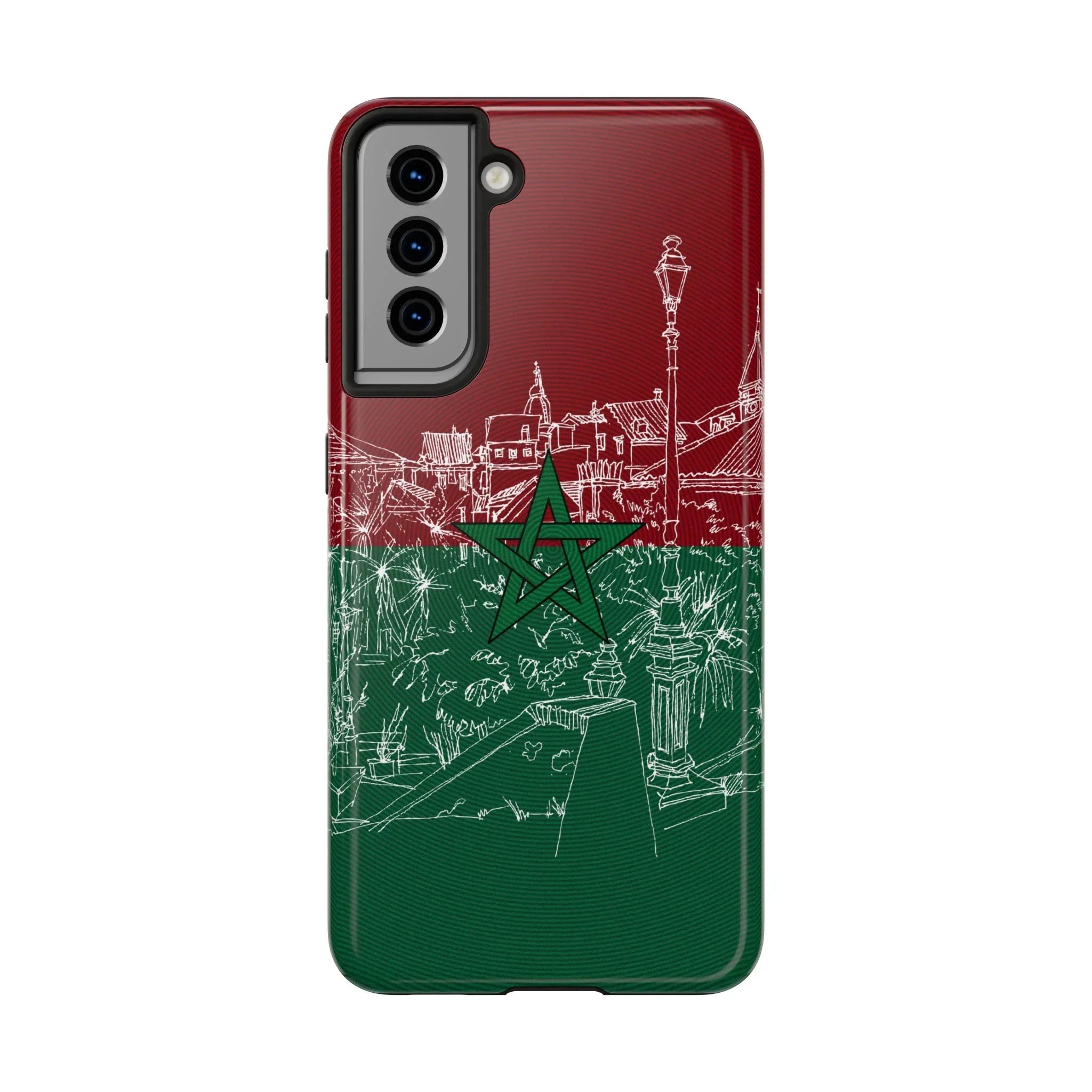 Morocco Flag Sketch Tough Phone Case — Red & Green Casablanca Cityscape - DiwaKi