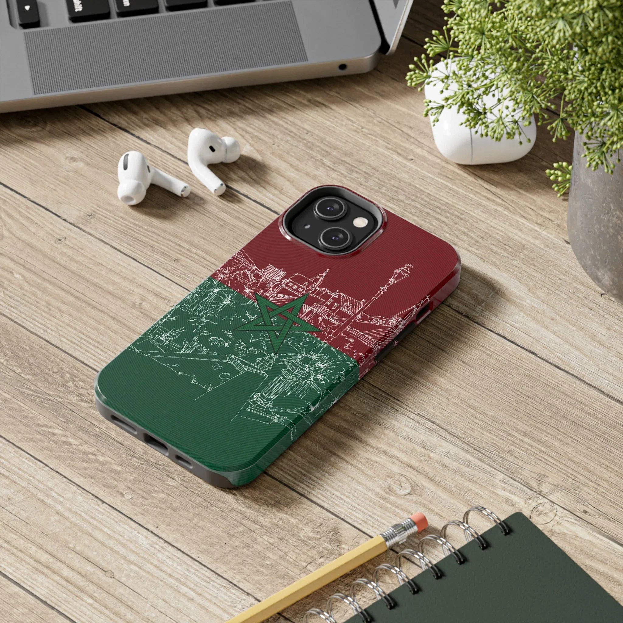 Morocco Flag Sketch Tough Phone Case — Red & Green Casablanca Cityscape - DiwaKi