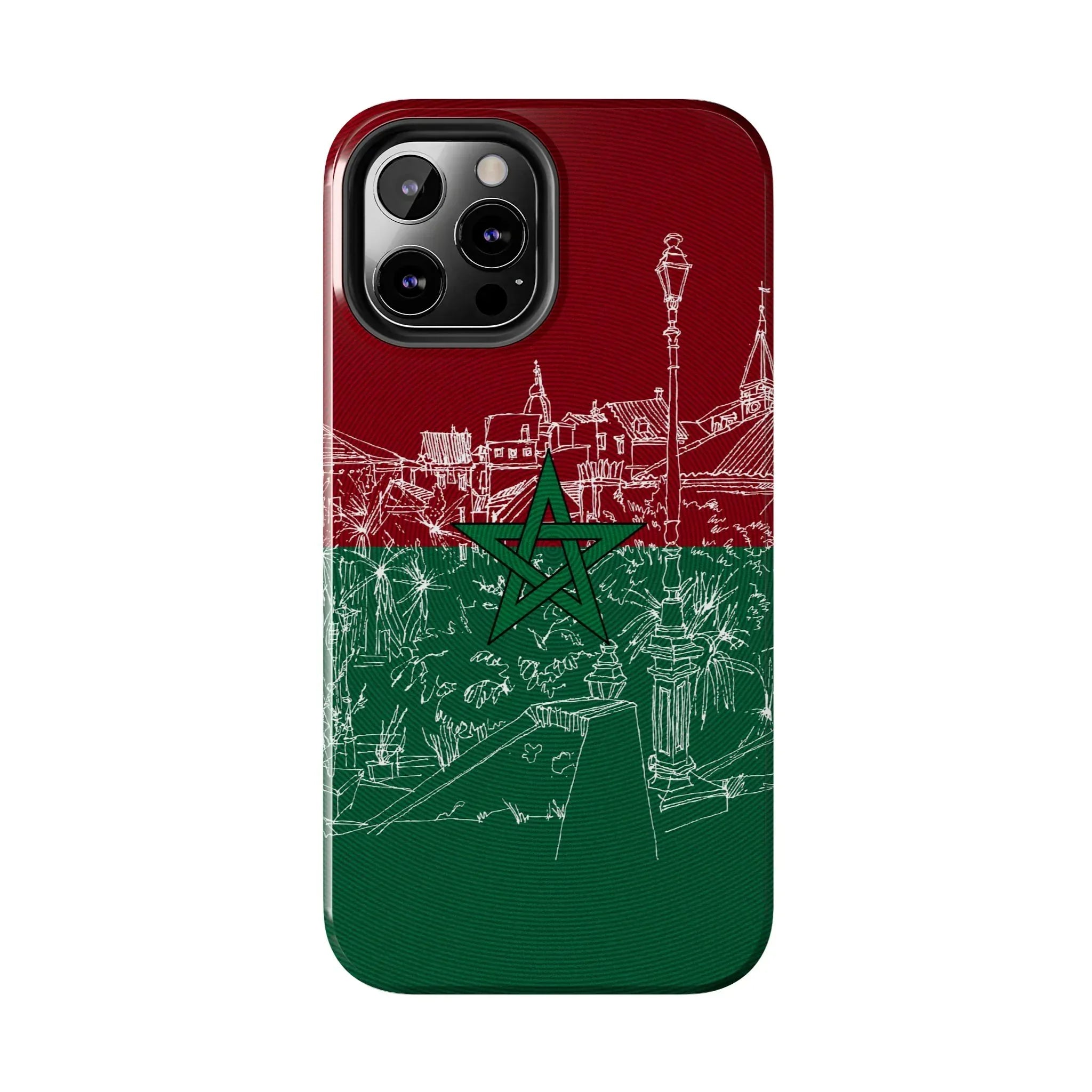 Morocco Flag Sketch Tough Phone Case — Red & Green Casablanca Cityscape - DiwaKi