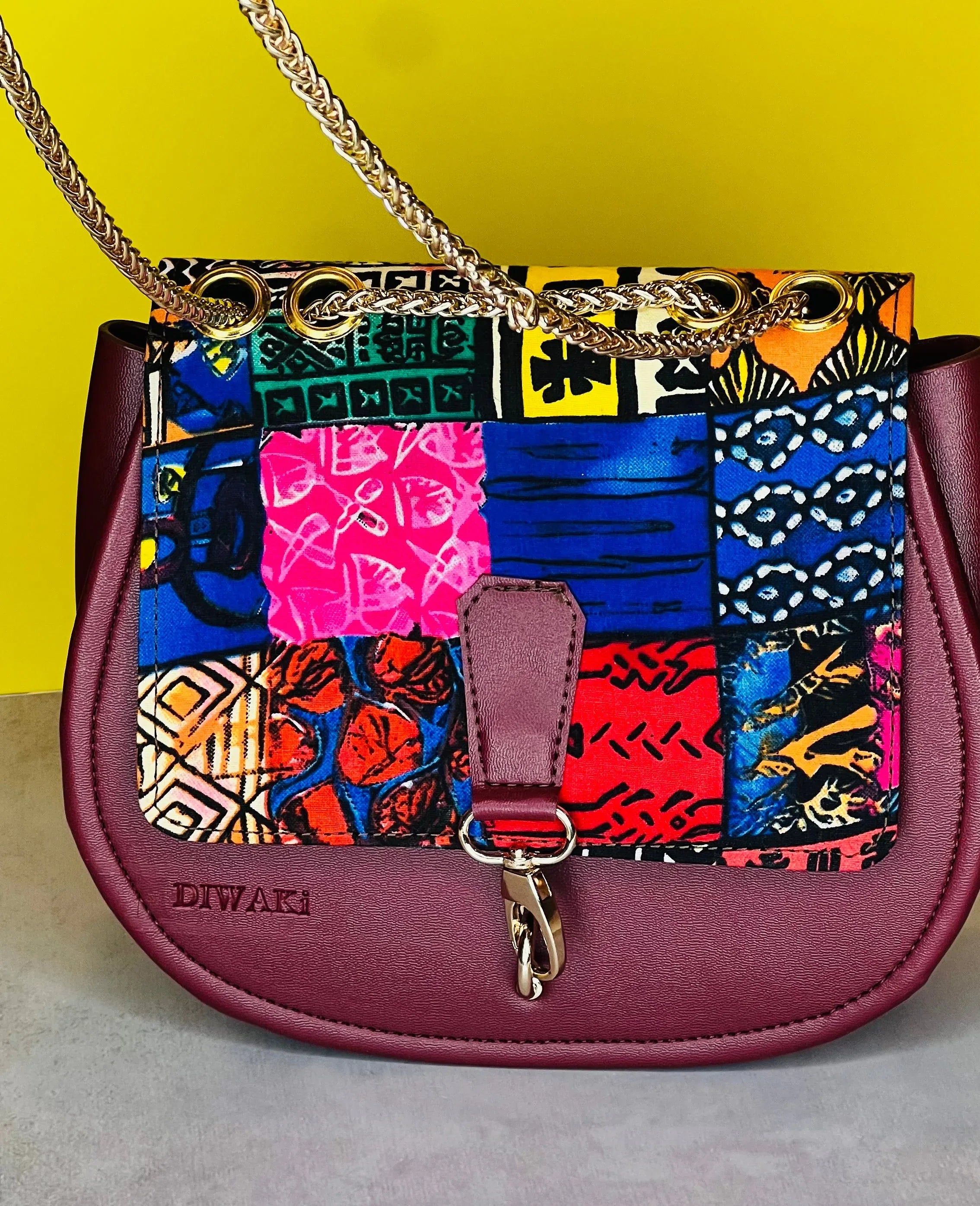 Burgundy Ankara Crossbody with Gold Chain - DiwaKi