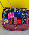 DiwaKi Ankara Patchwork Shoulder Bag – Burgundy Vegan Leather Crossbody with Gold Chain