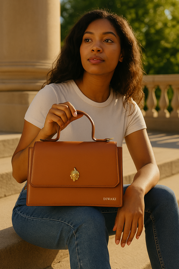 DiwaKi Heritage Muse Handbag – Luxury Leather Satchel with Gold African Emblem