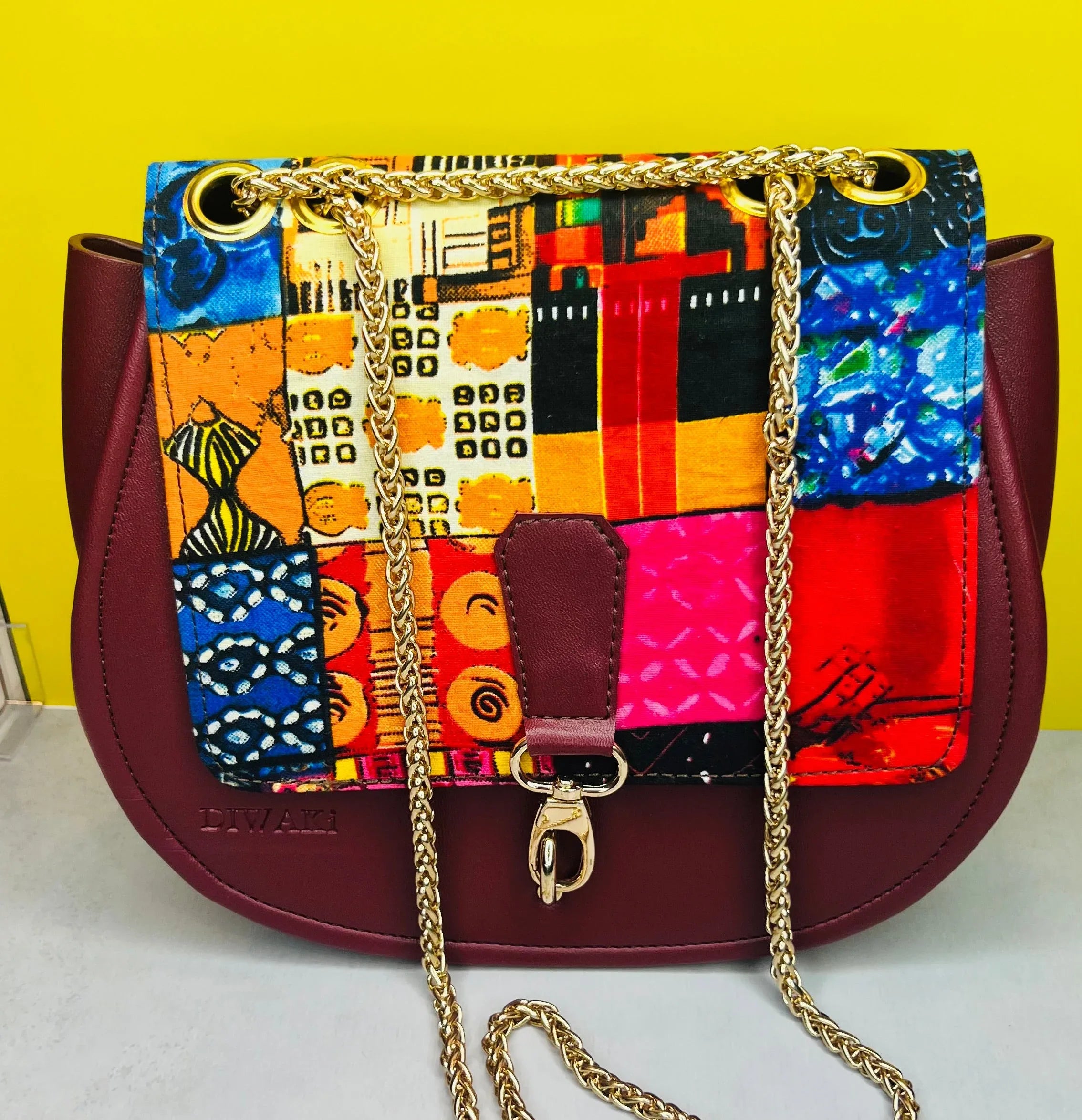 African wax pattern burgundy shoulder bag - DiwaKi