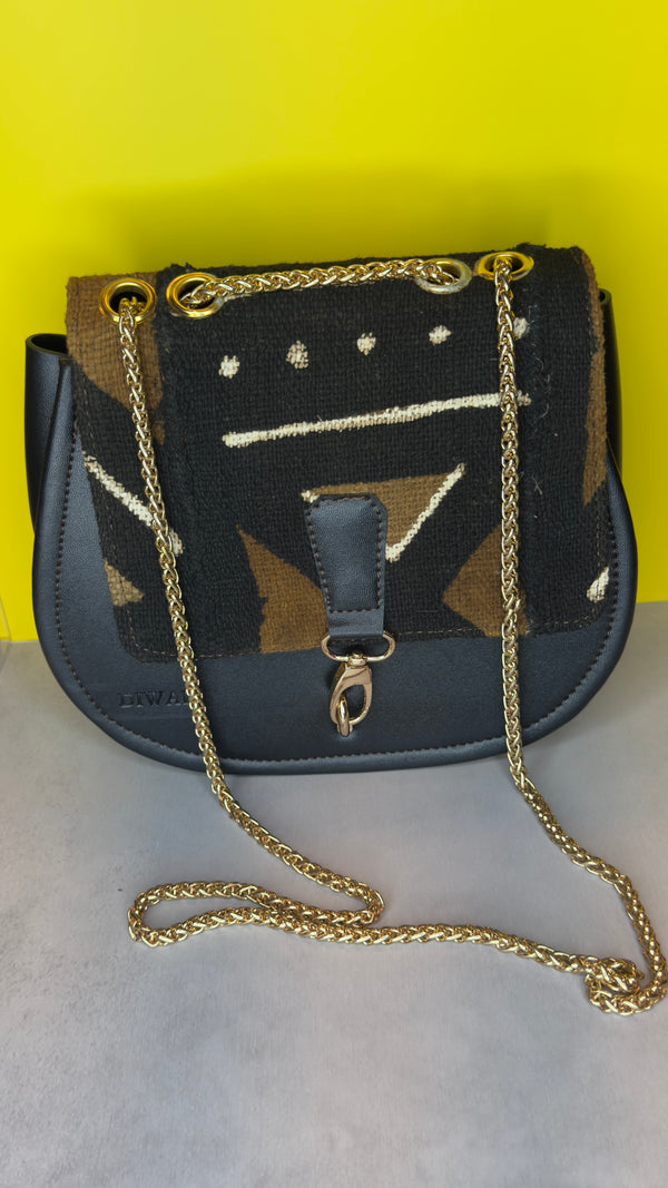 DiwaKi Bogolan Royale Chain Bag – African Mudcloth Leather Shoulder Bag with Gold Chain