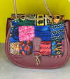 DiwaKi Ankara Patchwork Shoulder Bag – Burgundy Vegan Leather Crossbody with Gold Chain